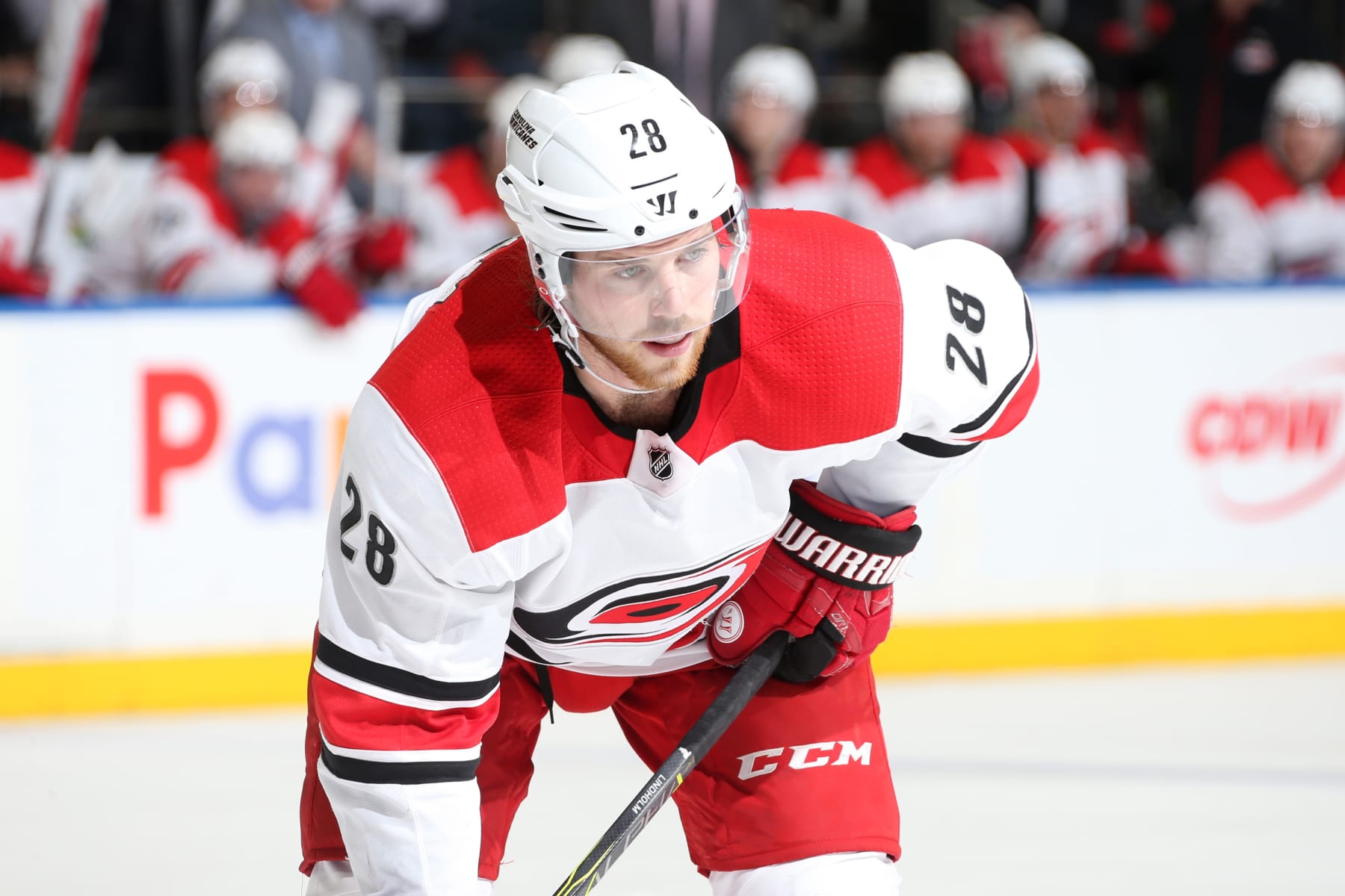 NEW YORK, NY - MARCH 12:  Elias Lindholm #28 of the Carolina Hurricanes looks on against the New York Rangers at Madison Square Garden on March 12, 2018 in New York City. The New York Rangers won 6-3. (Photo by Jared Silber/NHLI via Getty Images)