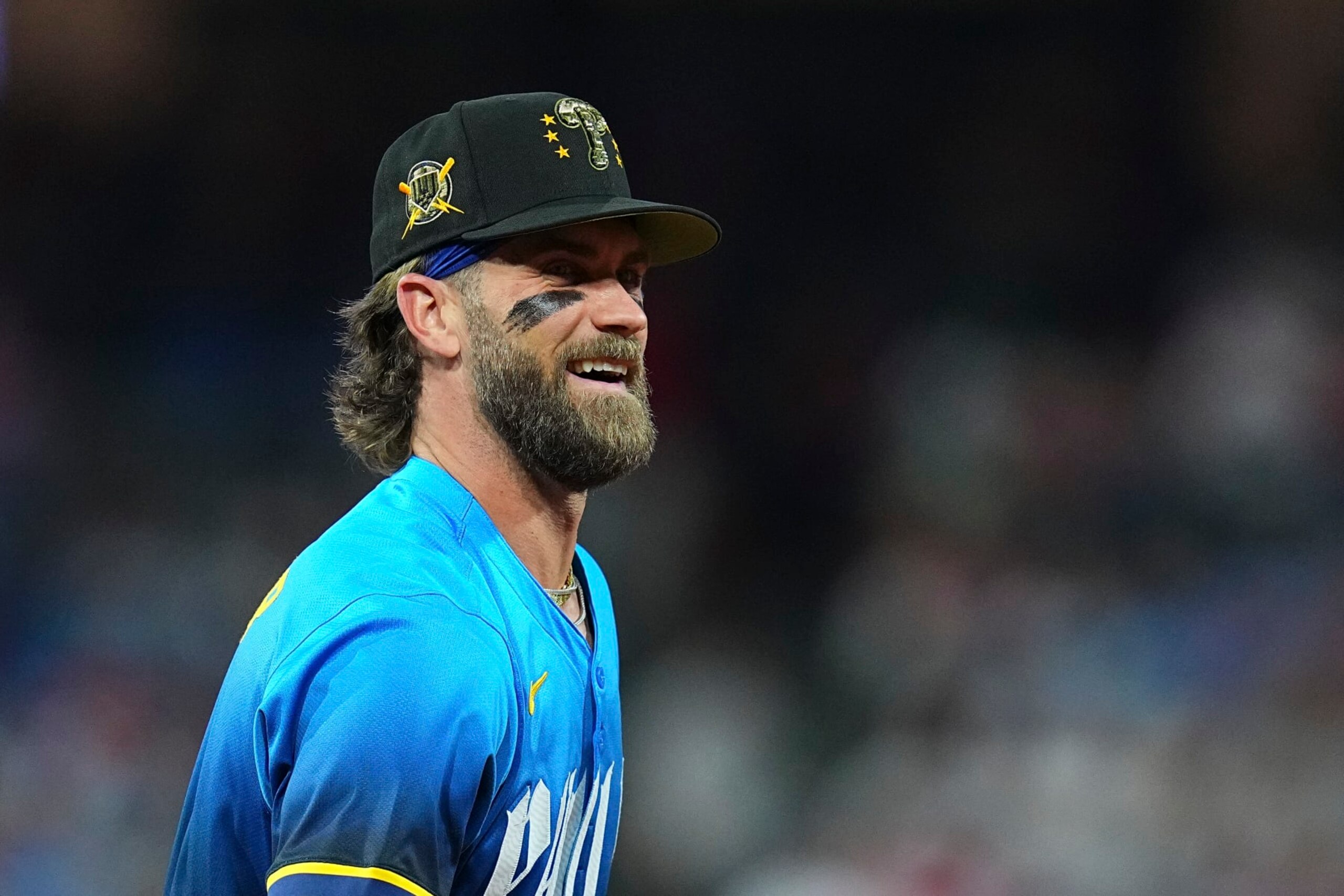 PHILADELPHIA, PENNSYLVANIA - MAY 17: Bryce Harper #3 of the Philadelphia Phillies smiles against the Washington Nationals at Citizens Bank Park on May 17, 2024 in Philadelphia, Pennsylvania. The Phillies defeated the Nationals 4-2. (Photo by Mitchell Leff/Getty Images)