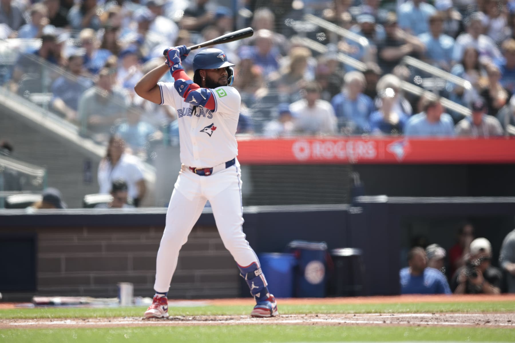 TORONTO. Toronto Blue Jays slugger Vladimir Guerrero Jr just before first pitch from Zach Eflin of the Tampa Bay Rays in Toronto on Saturday with the roof open, it must be summer! (R.J.Johnston/Toronto Star) R.J. Johnston/Toronto Star (R.J. Johnston/Toronto Star via Getty Images) TORONTO. Toronto Blue Jays slugger Vladimir Guerrero Jr just before first pitch from Zach Eflin of the Tampa Bay Rays in Toronto on Saturday with the roof open, it must be summer! (R.J.Johnston/Toronto Star) R.J. Johnston/Toronto Star (R.J. Johnston/Toronto Star via Getty Images)