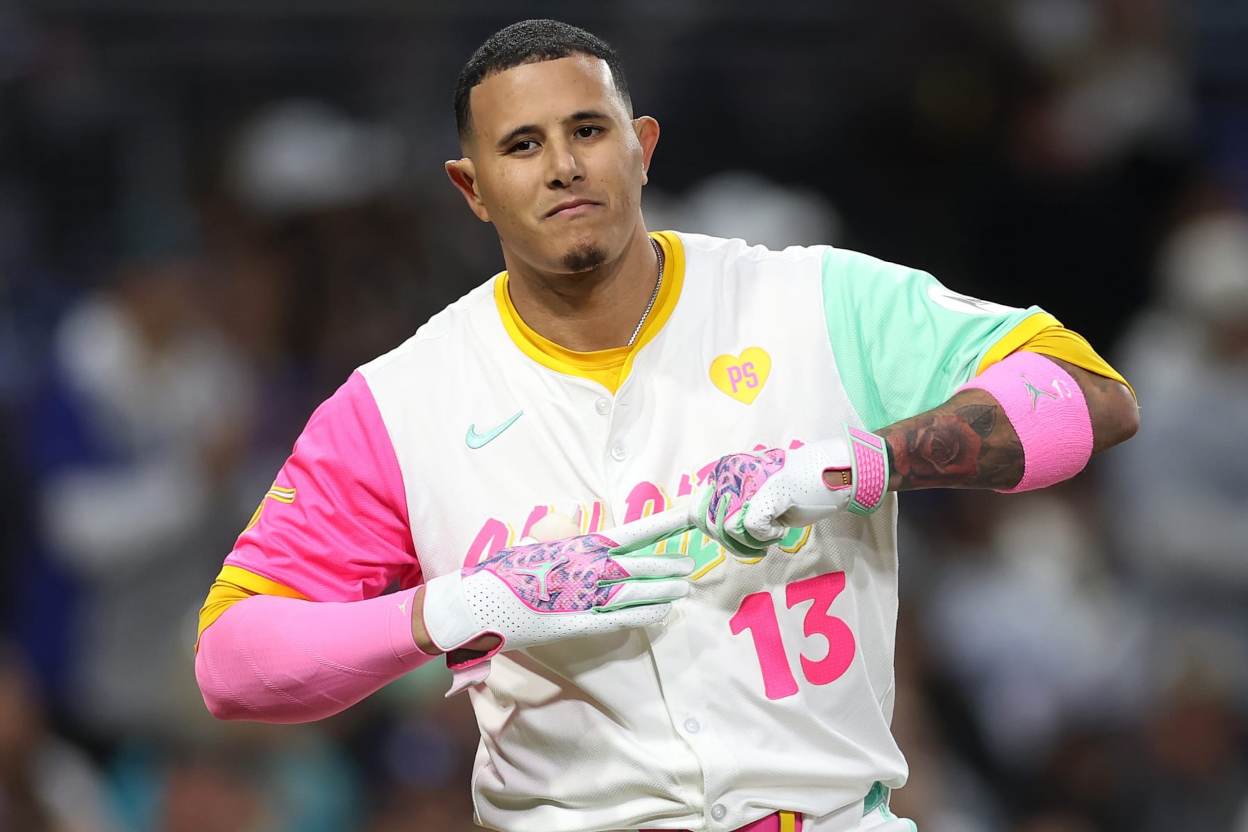 SAN DIEGO, CALIFORNIA - MAY 10: Manny Machado #13 of the San Diego Padres strikes out during the fourth inning of a game against the Los Angeles Dodgers  at Petco Park on May 10, 2024 in San Diego, California. (Photo by Sean M. Haffey/Getty Images)