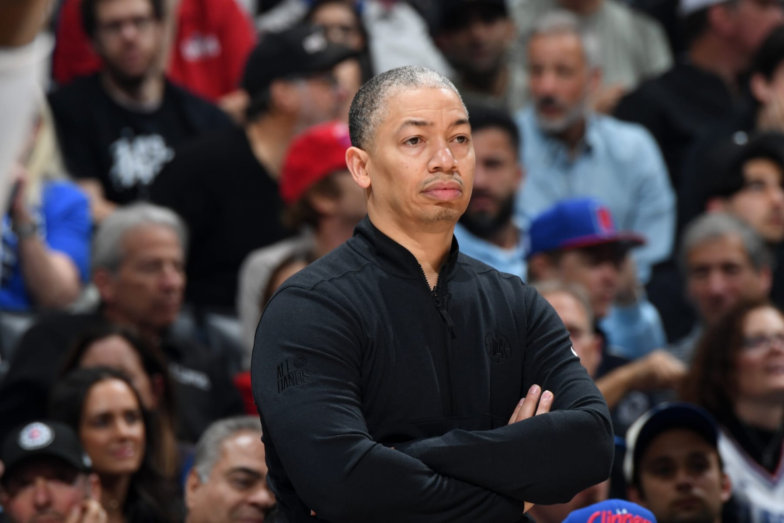 LOS ANGELES, CA - APRIL 23: Head Coach Tyronn Lue of the LA Clippers looks on during the game against the Dallas Mavericks during Round 1 Game 2 of the 2024 NBA Playoffs on April 23, 2024 at Crypto.Com Arena in Los Angeles, California. NOTE TO USER: User expressly acknowledges and agrees that, by downloading and/or using this Photograph, user is consenting to the terms and conditions of the Getty Images License Agreement. Mandatory Copyright Notice: Copyright 2024 NBAE (Photo by Andrew D. Bernstein/NBAE via Getty Images)