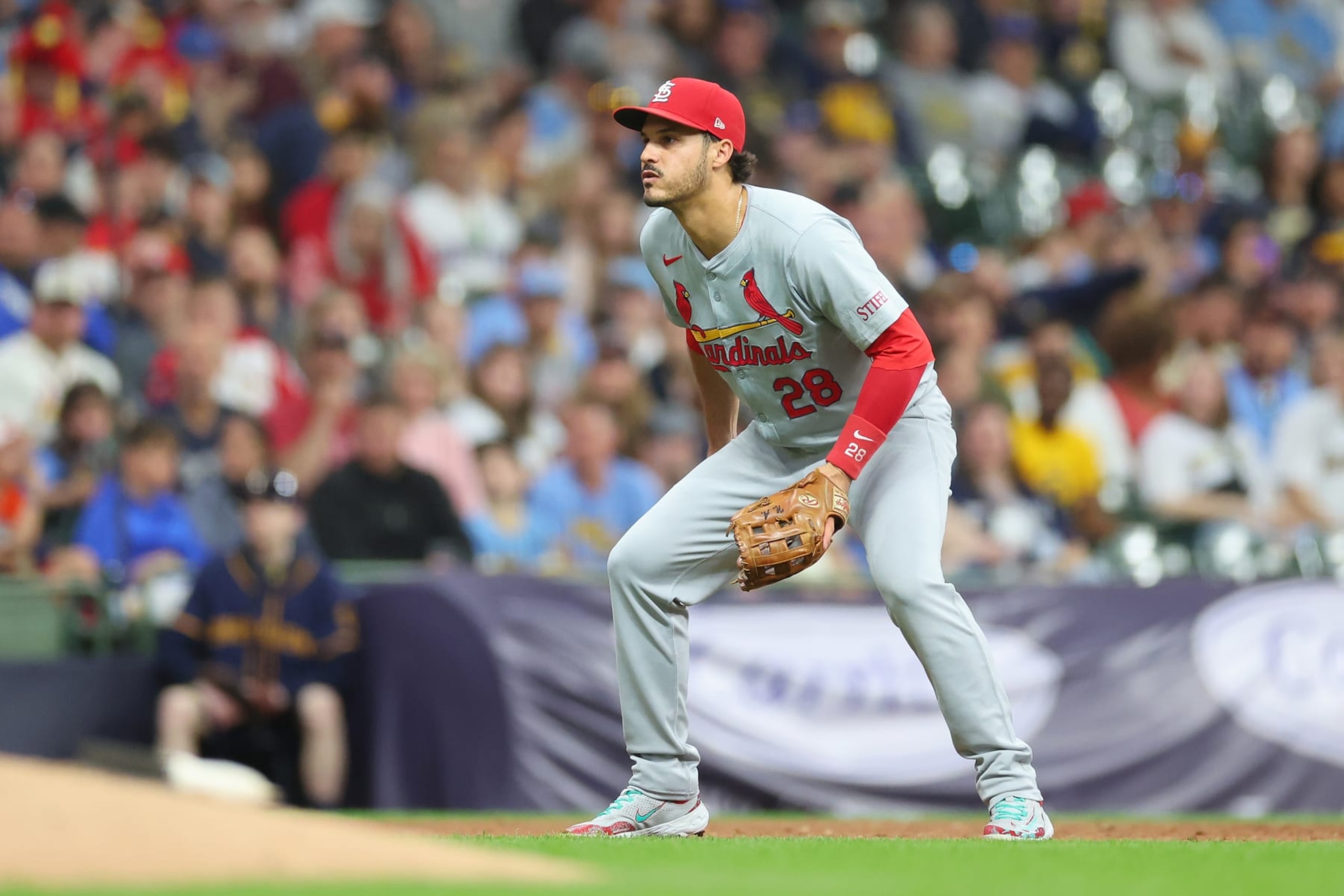 MILWAUKEE, WISCONSIN - MAY 10: Nolan Arenado #28 of the St. Louis Cardinals anticipates a pitch during a game \abb at American Family Field on May 10, 2024 in Milwaukee, Wisconsin. (Photo by Stacy Revere/Getty Images)