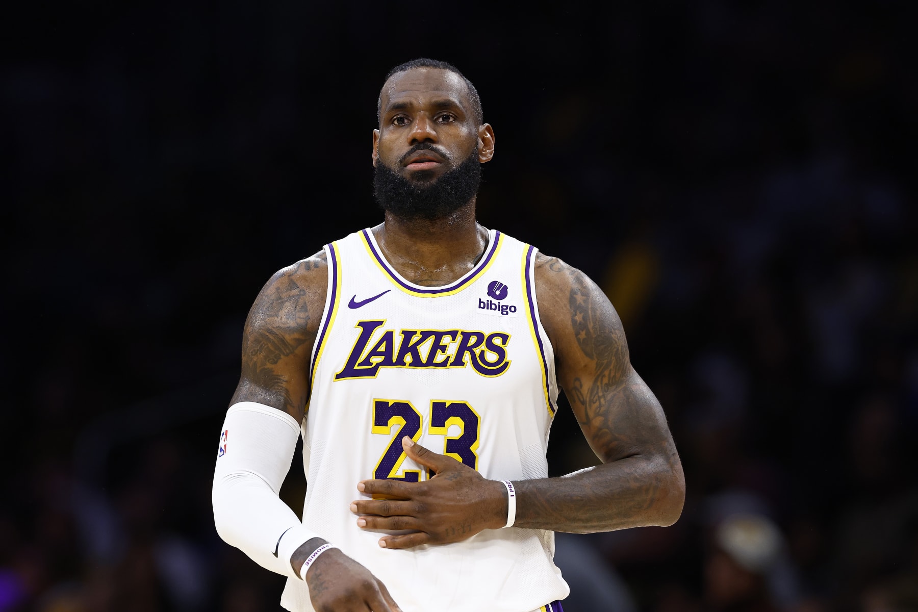 LOS ANGELES, CALIFORNIA - APRIL 27:  LeBron James #23 of the Los Angeles Lakers during game four of the Western Conference First Round Playoffs at Crypto.com Arena on April 27, 2024 in Los Angeles, California.  NOTE TO USER: User expressly acknowledges and agrees that, by downloading and/or using this photograph, user is consenting to the terms and conditions of the Getty Images License Agreement.  (Photo by Ronald Martinez/Getty Images)