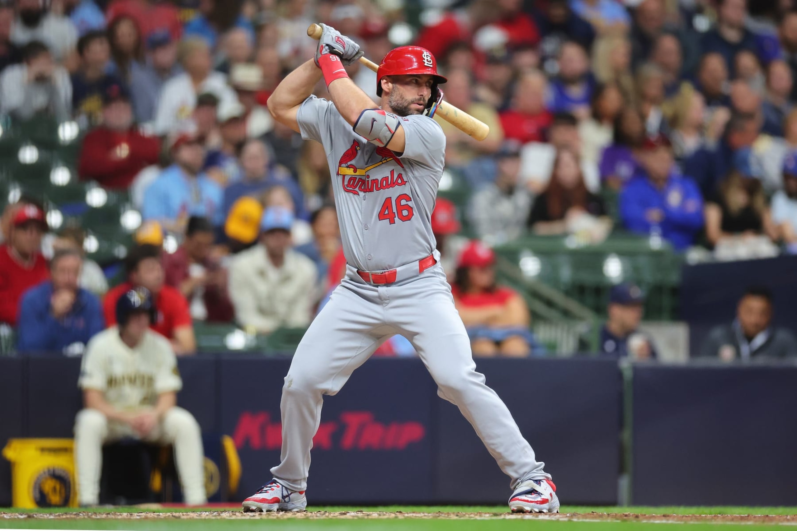 MILWAUKEE, WISCONSIN - MAY 10: Paul Goldschmidt #46 of the St. Louis Cardinals at bat during a game against the Milwaukee Brewers at American Family Field on May 10, 2024 in Milwaukee, Wisconsin. (Photo by Stacy Revere/Getty Images)