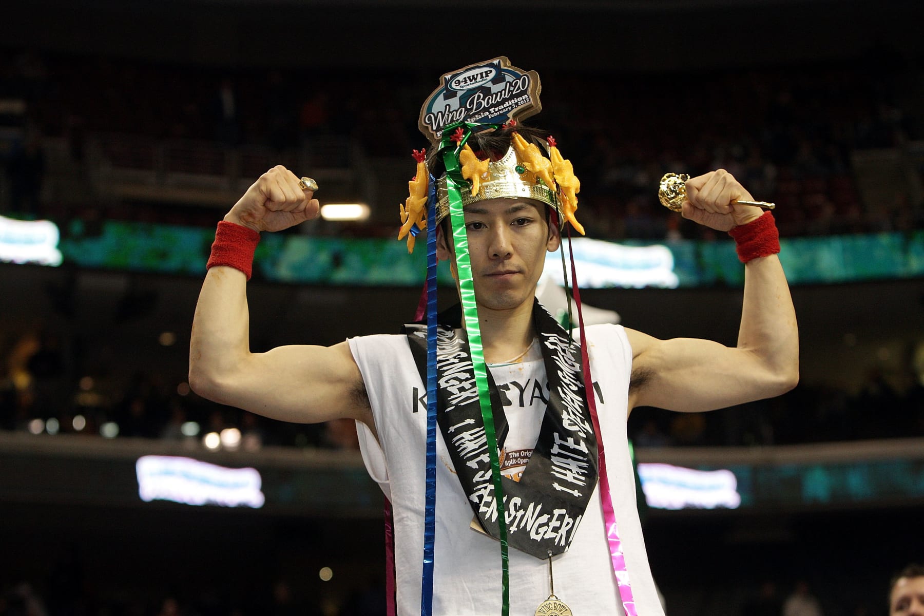 PHILADELPHIA, PA - FEBRUARY 03:  Takeru Kobayashi is crowned champion of SportsRadio 94WIP's Wing Bowl 20, eating a record 337 wings, at the Wells Fargo Center on February 3, 2012 in Philadelphia, Pennsylvania.  (Photo by Bill McCay/WireImage)