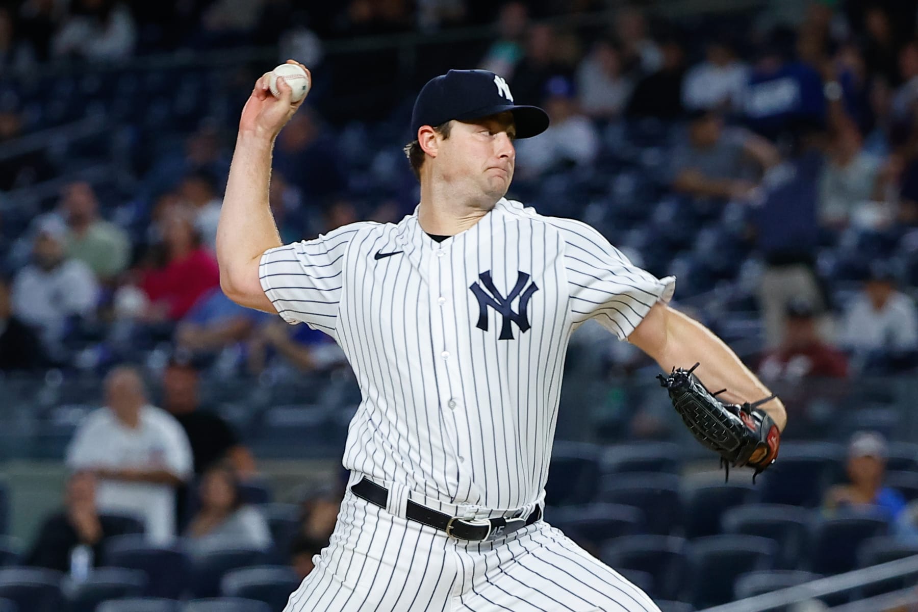 BRONX, NY - SEPTEMBER 21:  Gerrit Cole #45 of the New York Yankees pitches during the first inning of the Major League Baseball game against the Toronto Blue Jays on September 21, 2023 at Yankee Stadium in the Bronx, New York.   (Photo by Rich Graessle/Icon Sportswire via Getty Images)