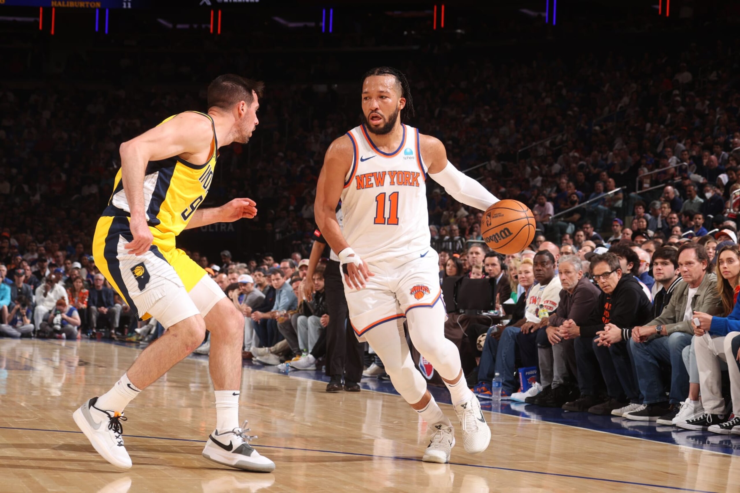 NEW YORK, NY - MAY 19: Jalen Brunson #11 of the New York Knicks dribbles the ball during the game against the Indiana Pacers during Round 2 Game 7 of the 2024 NBA Playoffs on May 19, 2024 at Madison Square Garden in New York City, New York. NOTE TO USER: User expressly acknowledges and agrees that, by downloading and or using this photograph, User is consenting to the terms and conditions of the Getty Images License Agreement. Mandatory Copyright Notice: Copyright 2024 NBAE (Photo by Nathaniel S. Butler/NBAE via Getty Images) NEW YORK, NY - MAY 19: Jalen Brunson #11 of the New York Knicks dribbles the ball during the game against the Indiana Pacers during Round 2 Game 7 of the 2024 NBA Playoffs on May 19, 2024 at Madison Square Garden in New York City, New York. NOTE TO USER: User expressly acknowledges and agrees that, by downloading and or using this photograph, User is consenting to the terms and conditions of the Getty Images License Agreement. Mandatory Copyright Notice: Copyright 2024 NBAE (Photo by Nathaniel S. Butler/NBAE via Getty Images)