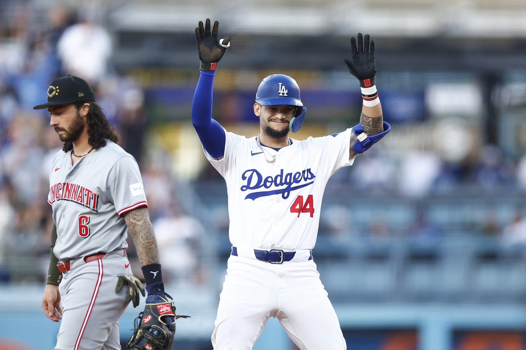 LOS ANGELES, CALIFORNIA - MAY 18:  Andy Pages #44 of the Los Angeles Dodgers celebrates a rbi single against the Cincinnati Reds in the fourth inning at Dodger Stadium on May 18, 2024 in Los Angeles, California. (Photo by Ronald Martinez/Getty Images)