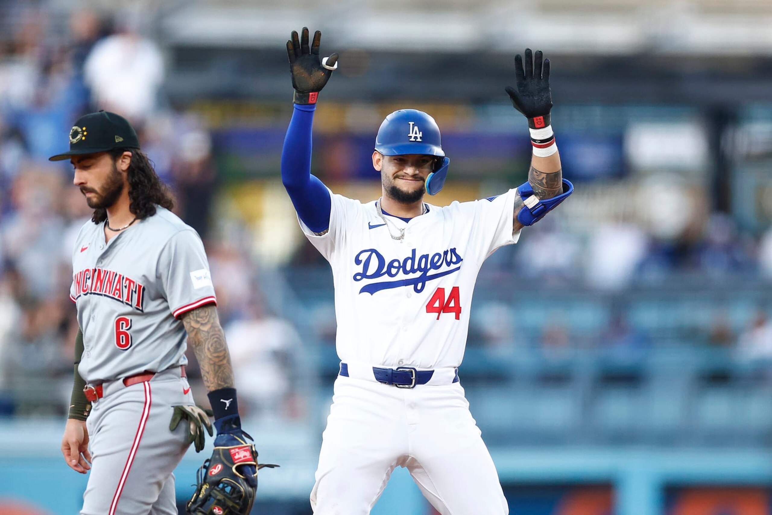 LOS ANGELES, CALIFORNIA - MAY 18:  Andy Pages #44 of the Los Angeles Dodgers celebrates a rbi single against the Cincinnati Reds in the fourth inning at Dodger Stadium on May 18, 2024 in Los Angeles, California. (Photo by Ronald Martinez/Getty Images)