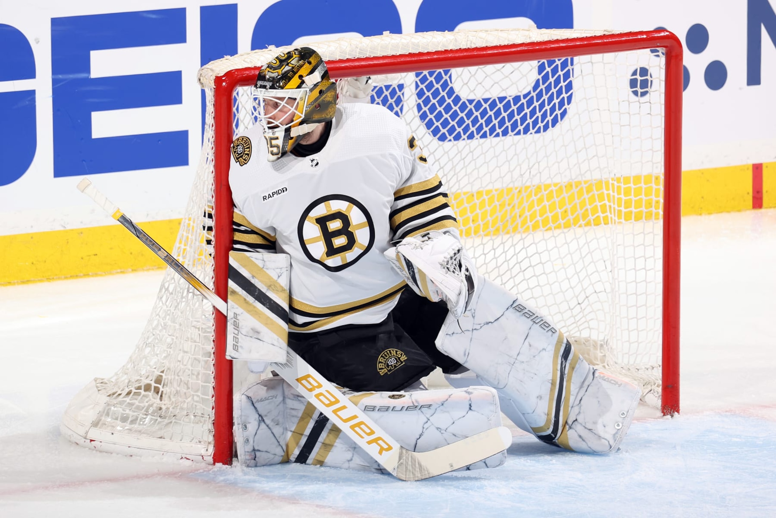 SUNRISE, FL - MAY 8: Goaltender Linus Ullmark #35 of the Boston Bruins defends the net against the Florida Panthers in Game Two of the Second Round of the 2024 Stanley Cup Playoffs at the Amerant Bank Arena on May 8, 2024 in Sunrise, Florida. (Photo by Joel Auerbach/Getty Images) SUNRISE, FL - MAY 8: Goaltender Linus Ullmark #35 of the Boston Bruins defends the net against the Florida Panthers in Game Two of the Second Round of the 2024 Stanley Cup Playoffs at the Amerant Bank Arena on May 8, 2024 in Sunrise, Florida. (Photo by Joel Auerbach/Getty Images)