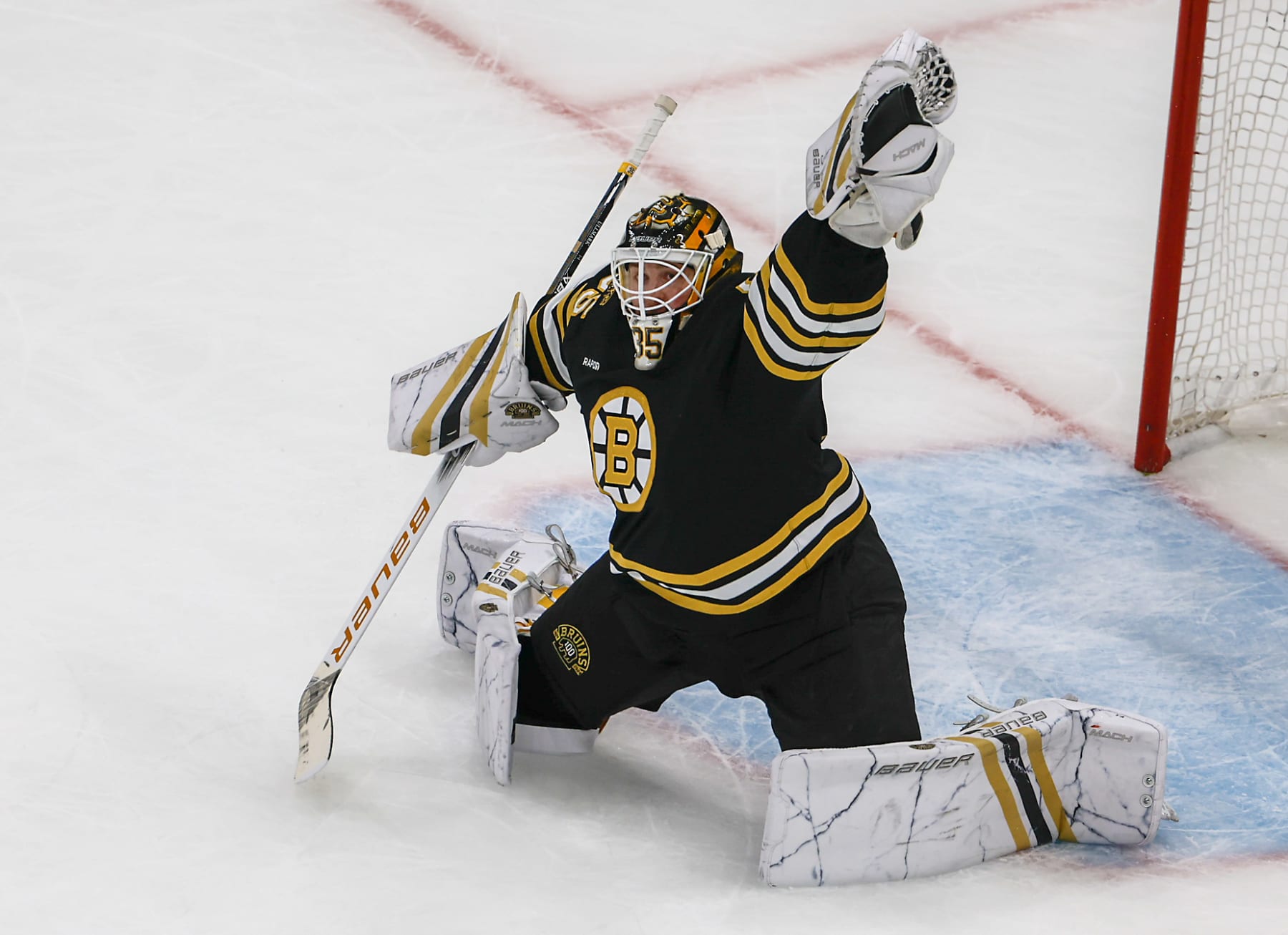 Boston, MA - April 22: Boston Bruins goaltender Linus Ullmark makes a glove save in the second period. (Photo by Matthew J. Lee/The Boston Globe via Getty Images)