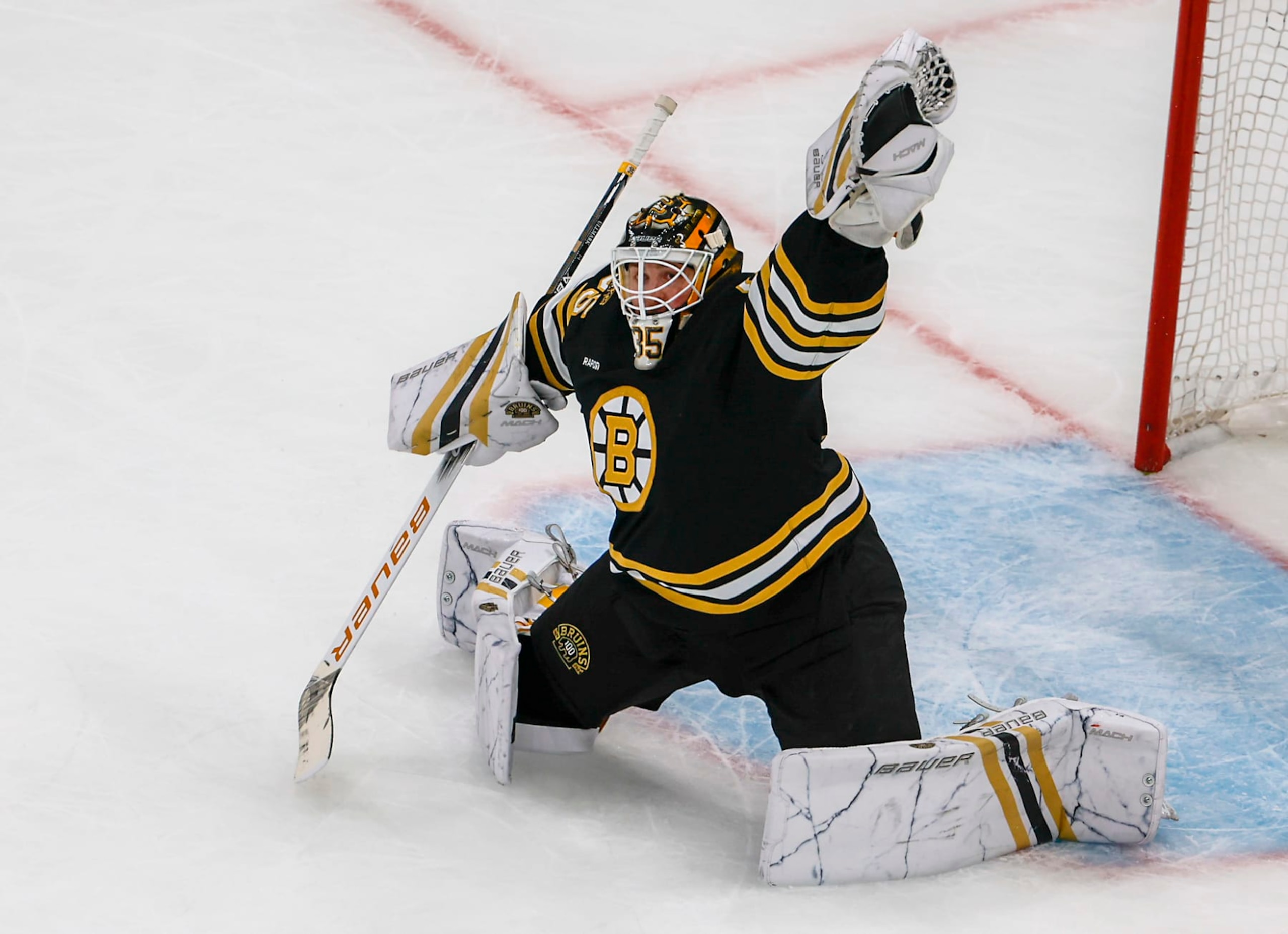 Boston, MA - April 22: Boston Bruins goaltender Linus Ullmark makes a glove save in the second period. (Photo by Matthew J. Lee/The Boston Globe via Getty Images) Boston, MA - April 22: Boston Bruins goaltender Linus Ullmark makes a glove save in the second period. (Photo by Matthew J. Lee/The Boston Globe via Getty Images)