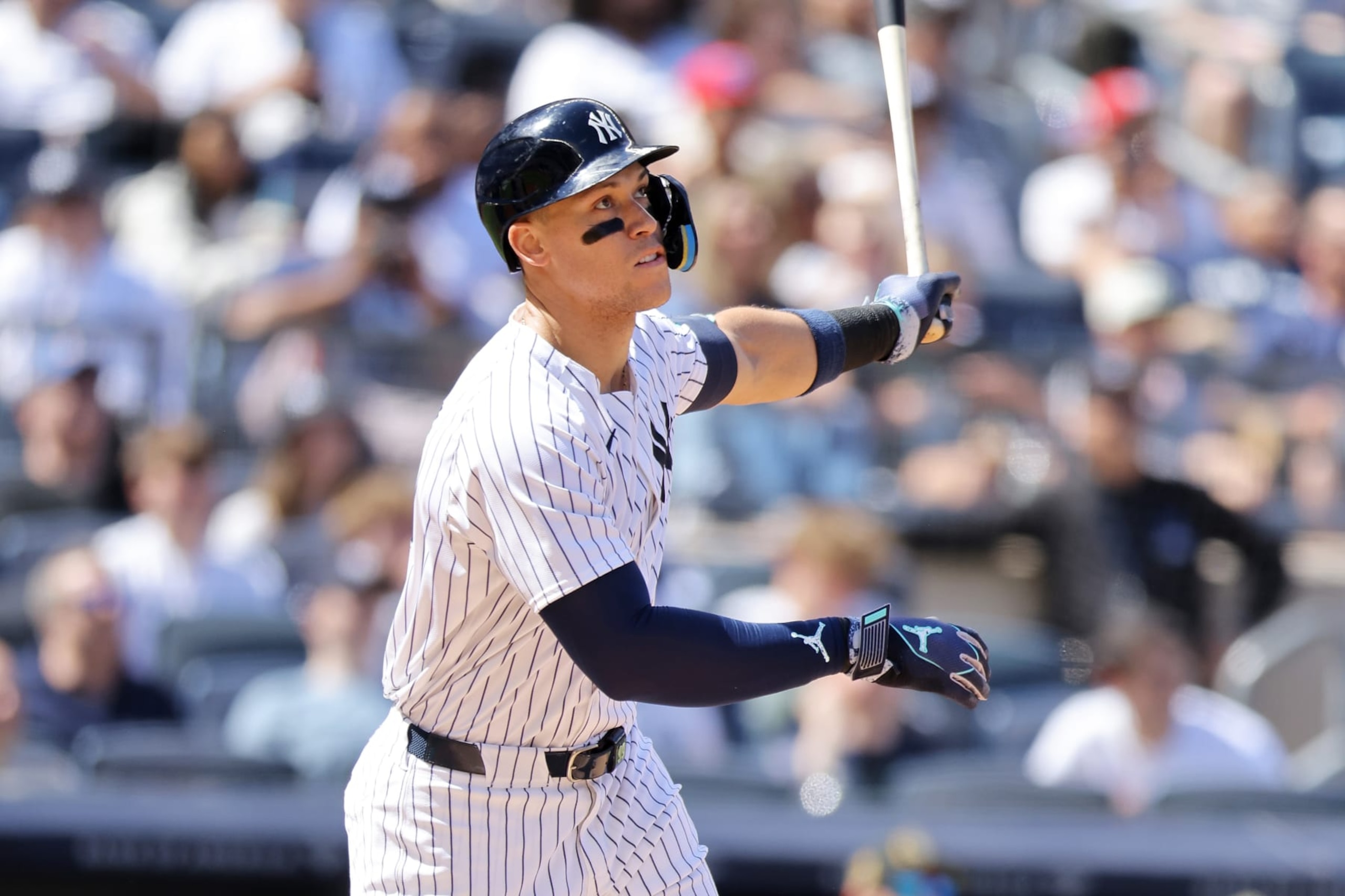 NEW YORK, NEW YORK - MAY 19: Aaron Judge #99 of the New York Yankees hits a two run home run in the fifth inning against the Chicago White Sox at Yankee Stadium on May 19, 2024 in New York City. (Photo by Mike Stobe/Getty Images)