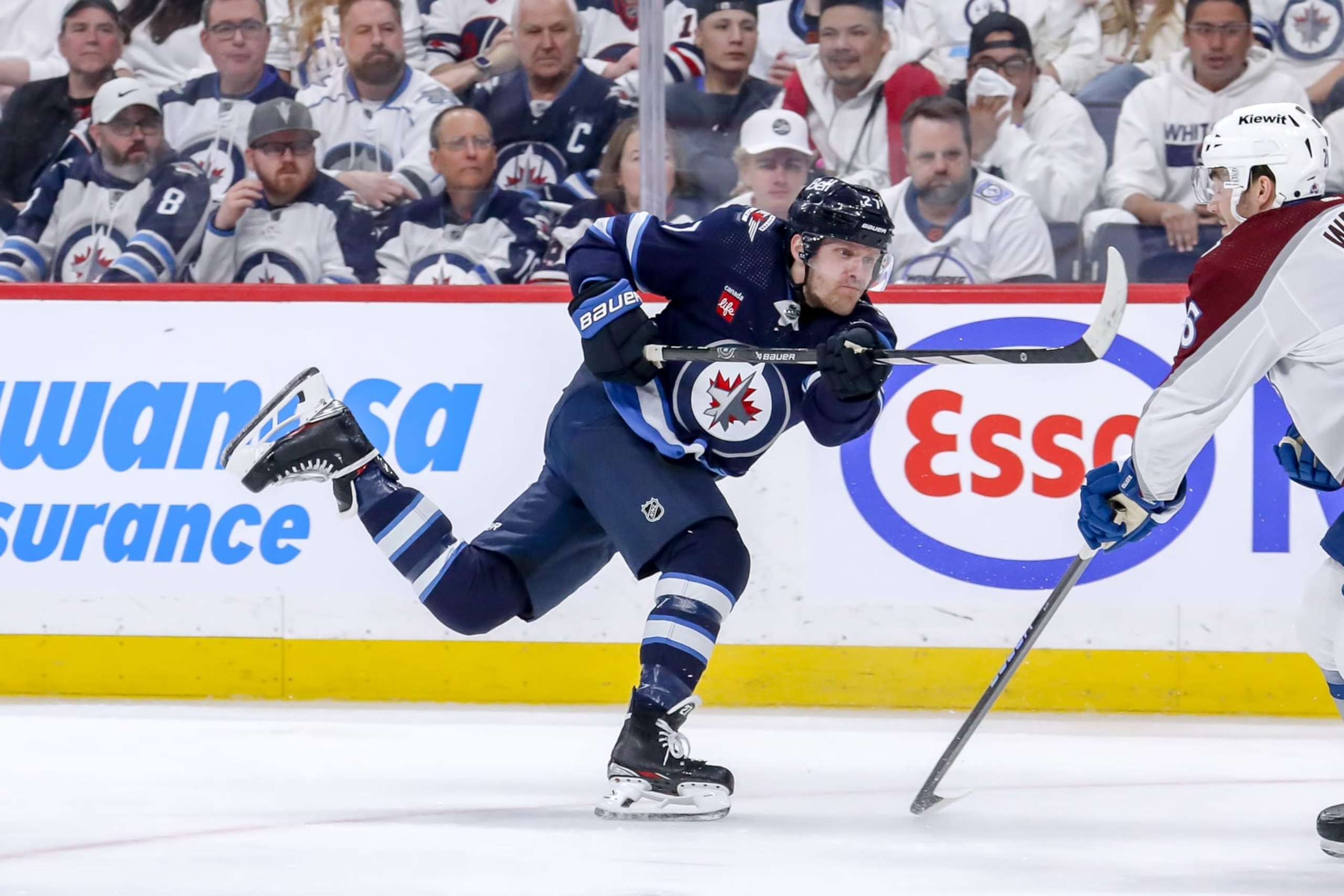 WINNIPEG, CANADA - APRIL 30: Nikolaj Ehlers #27 of the Winnipeg Jets gets takes a shot on goal during third period action against the Colorado Avalanche in Game Five of the First Round of the 2024 Stanley Cup Playoffs at the Canada Life Centre on April 30, 2024 in Winnipeg, Manitoba, Canada. The Avs defeated the Jets 6-3 and win the series 4-1. (Photo by Darcy Finley/NHLI via Getty Images) WINNIPEG, CANADA - APRIL 30: Nikolaj Ehlers #27 of the Winnipeg Jets gets takes a shot on goal during third period action against the Colorado Avalanche in Game Five of the First Round of the 2024 Stanley Cup Playoffs at the Canada Life Centre on April 30, 2024 in Winnipeg, Manitoba, Canada. The Avs defeated the Jets 6-3 and win the series 4-1. (Photo by Darcy Finley/NHLI via Getty Images)
