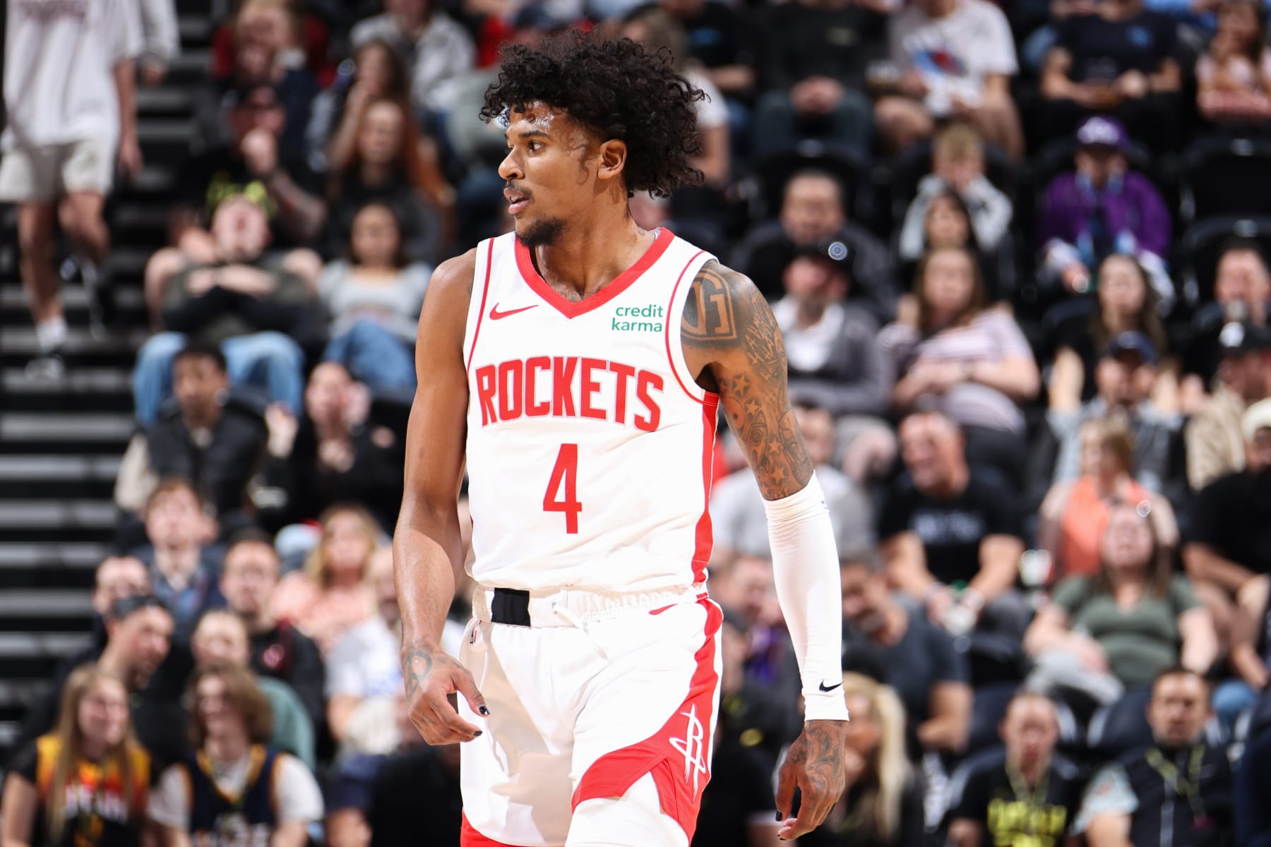 SALT LAKE CITY, UT - APRIL 11:  Jalen Green #4 of the Houston Rockets looks on during the game against the Utah Jazz on April 11, 2024 at Delta Center in Salt Lake City, Utah. NOTE TO USER: User expressly acknowledges and agrees that, by downloading and or using this Photograph, User is consenting to the terms and conditions of the Getty Images License Agreement. Mandatory Copyright Notice: Copyright 2024 NBAE (Photo by Melissa Majchrzak/NBAE via Getty Images)