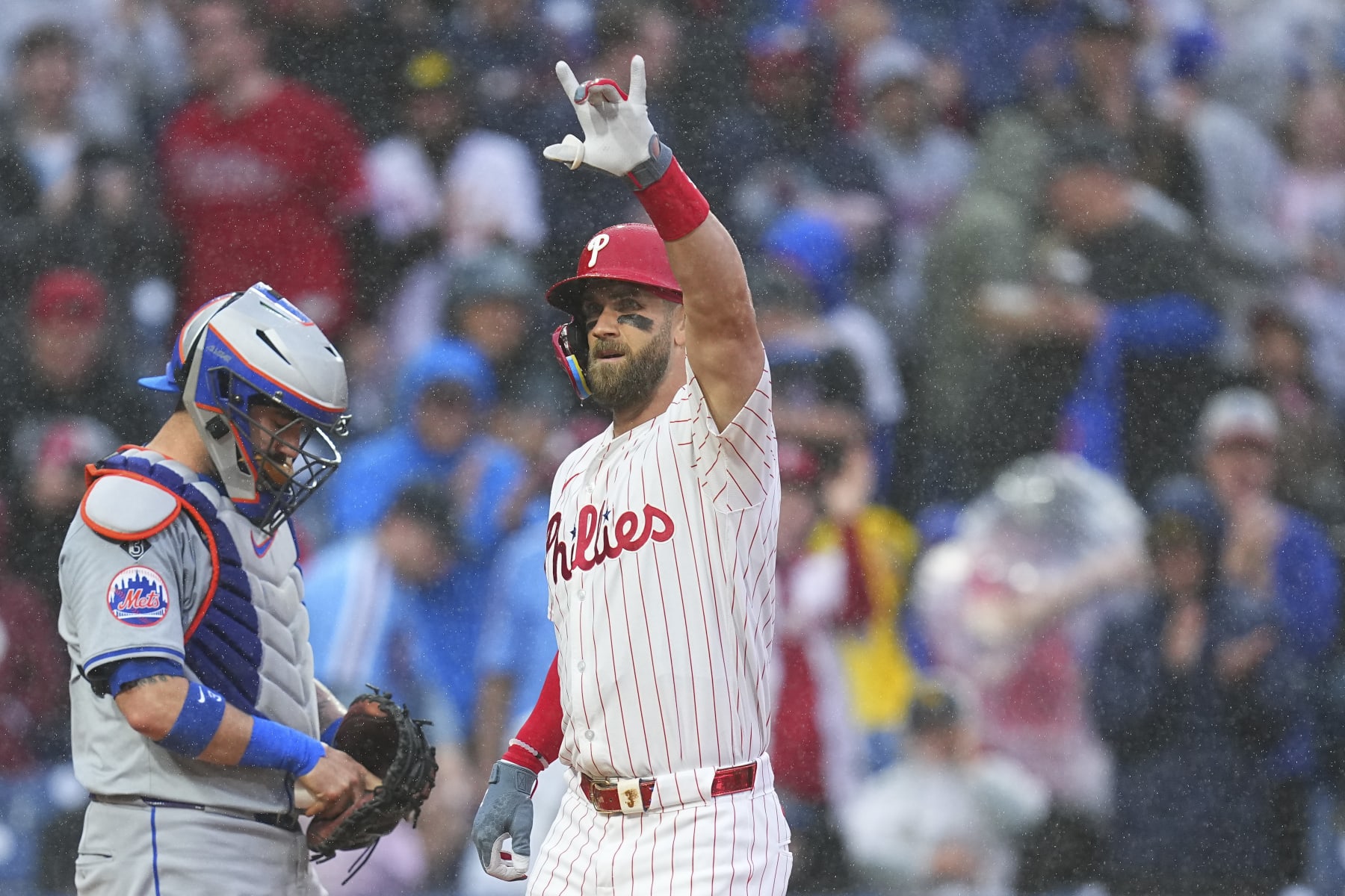 PHILADELPHIA, PENNSYLVANIA - MAY 15: Bryce Harper #3 of the Philadelphia Phillies reacts after hitting a solo home run in the bottom of the first inning against the New York Mets at Citizens Bank Park on May 15, 2024 in Philadelphia, Pennsylvania. (Photo by Mitchell Leff/Getty Images)