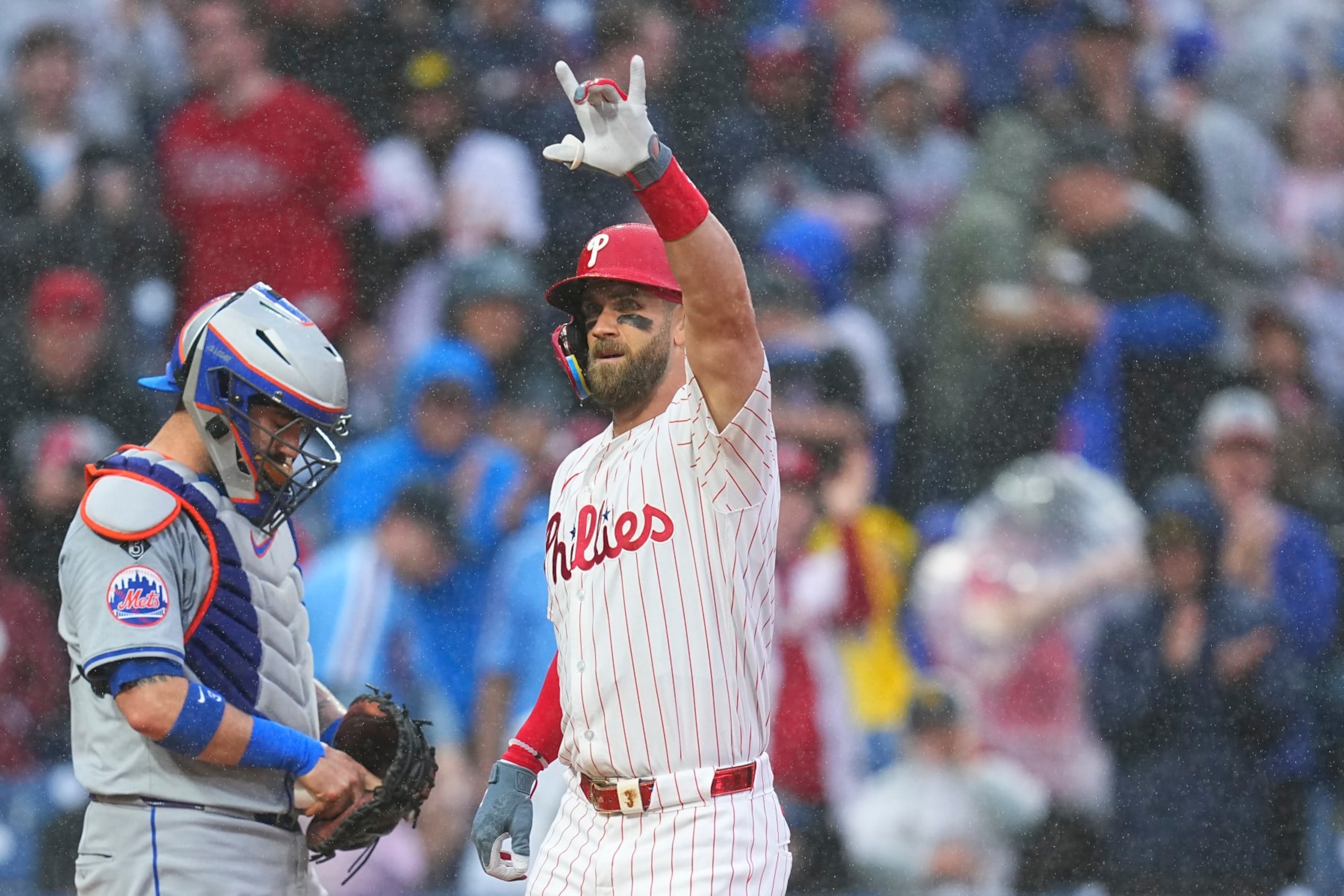 PHILADELPHIA, PENNSYLVANIA - MAY 15: Bryce Harper #3 of the Philadelphia Phillies reacts after hitting a solo home run in the bottom of the first inning against the New York Mets at Citizens Bank Park on May 15, 2024 in Philadelphia, Pennsylvania. (Photo by Mitchell Leff/Getty Images)