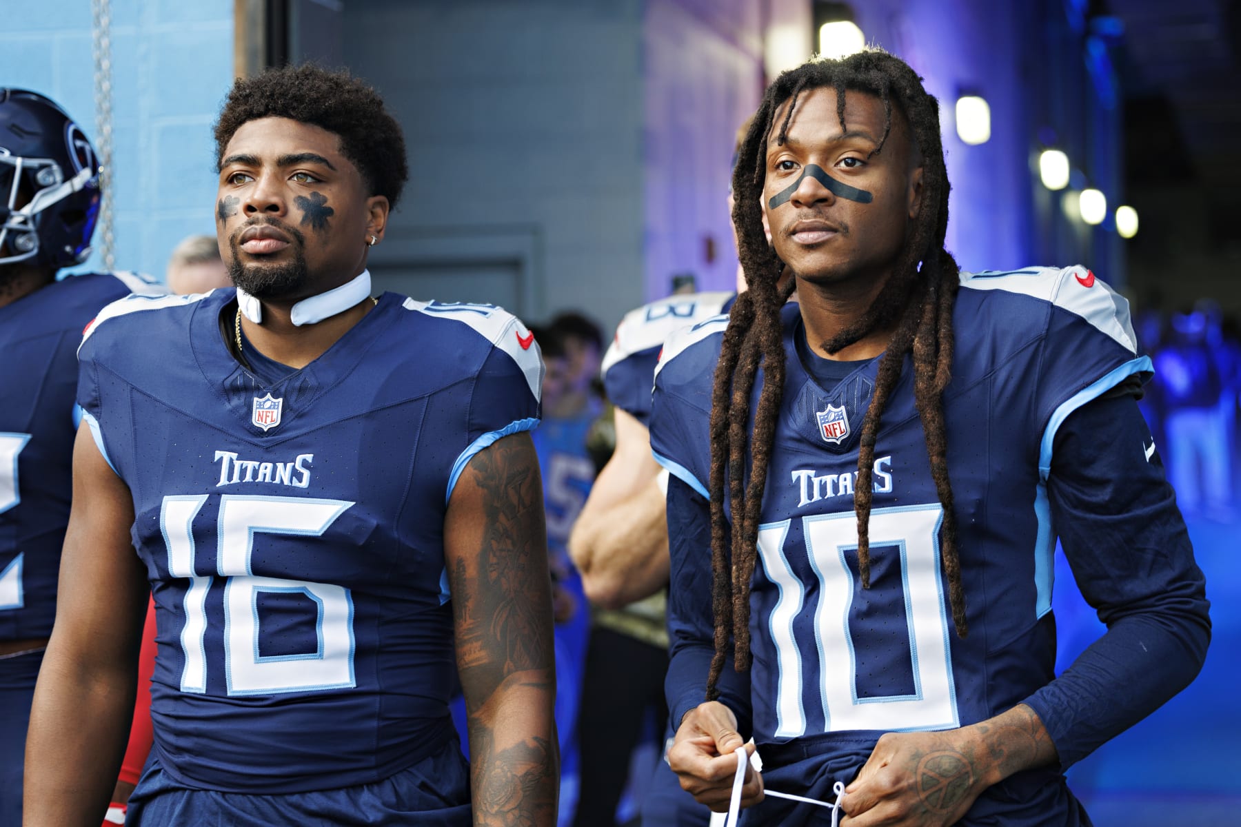 NASHVILLE, TENNESSEE - DECEMBER 3: Treylon Burks #16 and DeAndre Hopkins #10 of the Tennessee Titans prepares to run onto the field before the game against the Indianapolis Colts at Nissan Stadium on December 3, 2023 in Nashville, Tennessee. The Colts defeated the Titans 31-28. (Photo by Wesley Hitt/Getty Images) NASHVILLE, TENNESSEE - DECEMBER 3: Treylon Burks #16 and DeAndre Hopkins #10 of the Tennessee Titans prepares to run onto the field before the game against the Indianapolis Colts at Nissan Stadium on December 3, 2023 in Nashville, Tennessee. The Colts defeated the Titans 31-28. (Photo by Wesley Hitt/Getty Images)