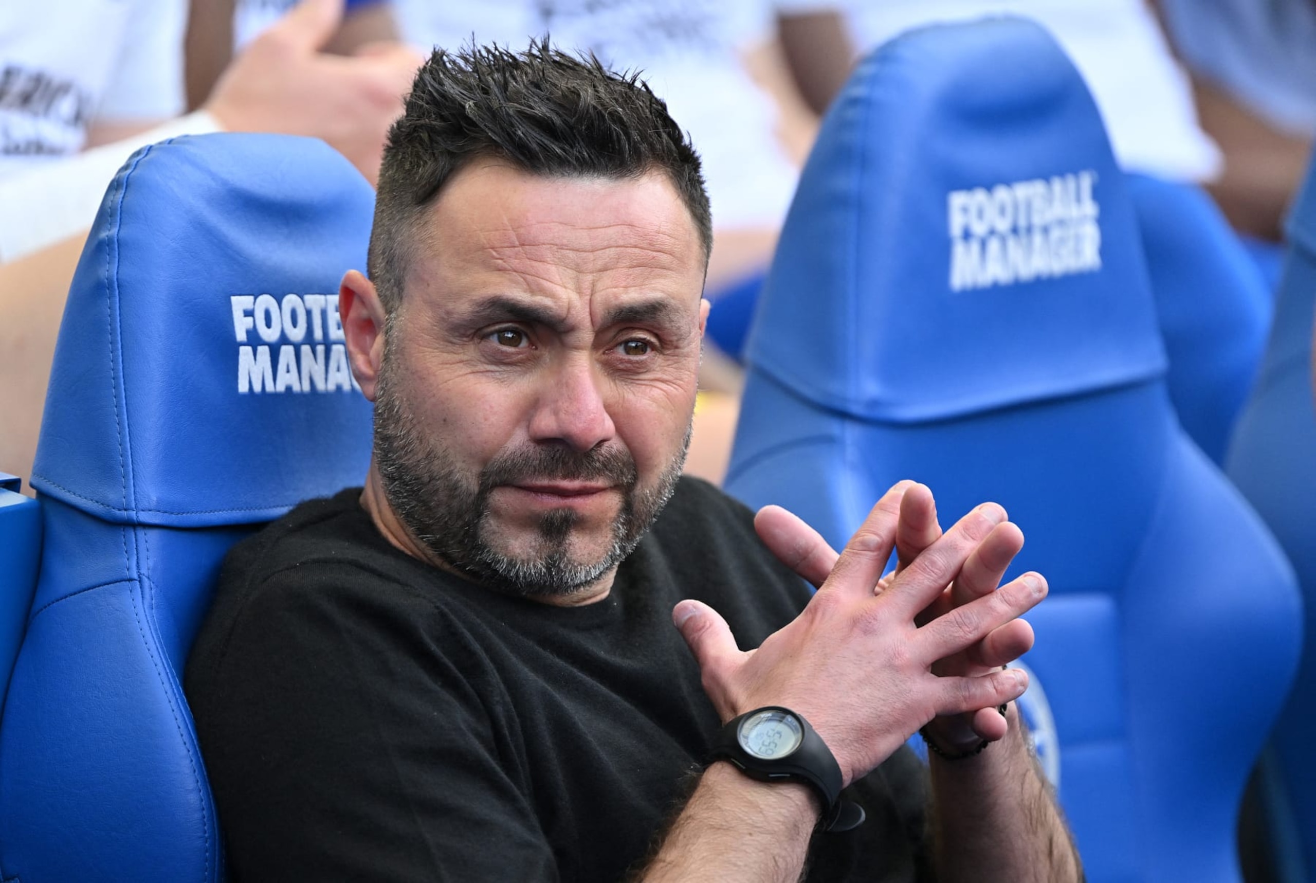 Brighton's Italian head coach Roberto De Zerbi looks on ahead of the English Premier League football match between Brighton and Hove Albion and Manchester United at the American Express Community Stadium in Brighton, southern England on May 19, 2024. Brighton boss Roberto De Zerbi will leave the Premier League club by mutual consent after their final game of the season against Manchester United on Sunday. De Zerbi took charge at the Amex Stadium in September 2022 and led Brighton to their highest ever top-flight finish when they came sixth in 2022-23. (Photo by Glyn KIRK / AFP) / RESTRICTED TO EDITORIAL USE. No use with unauthorized audio, video, data, fixture lists, club/league logos or 'live' services. Online in-match use limited to 120 images. An additional 40 images may be used in extra time. No video emulation. Social media in-match use limited to 120 images. An additional 40 images may be used in extra time. No use in betting publications, games or single club/league/player publications. /  (Photo by GLYN KIRK/AFP via Getty Images)