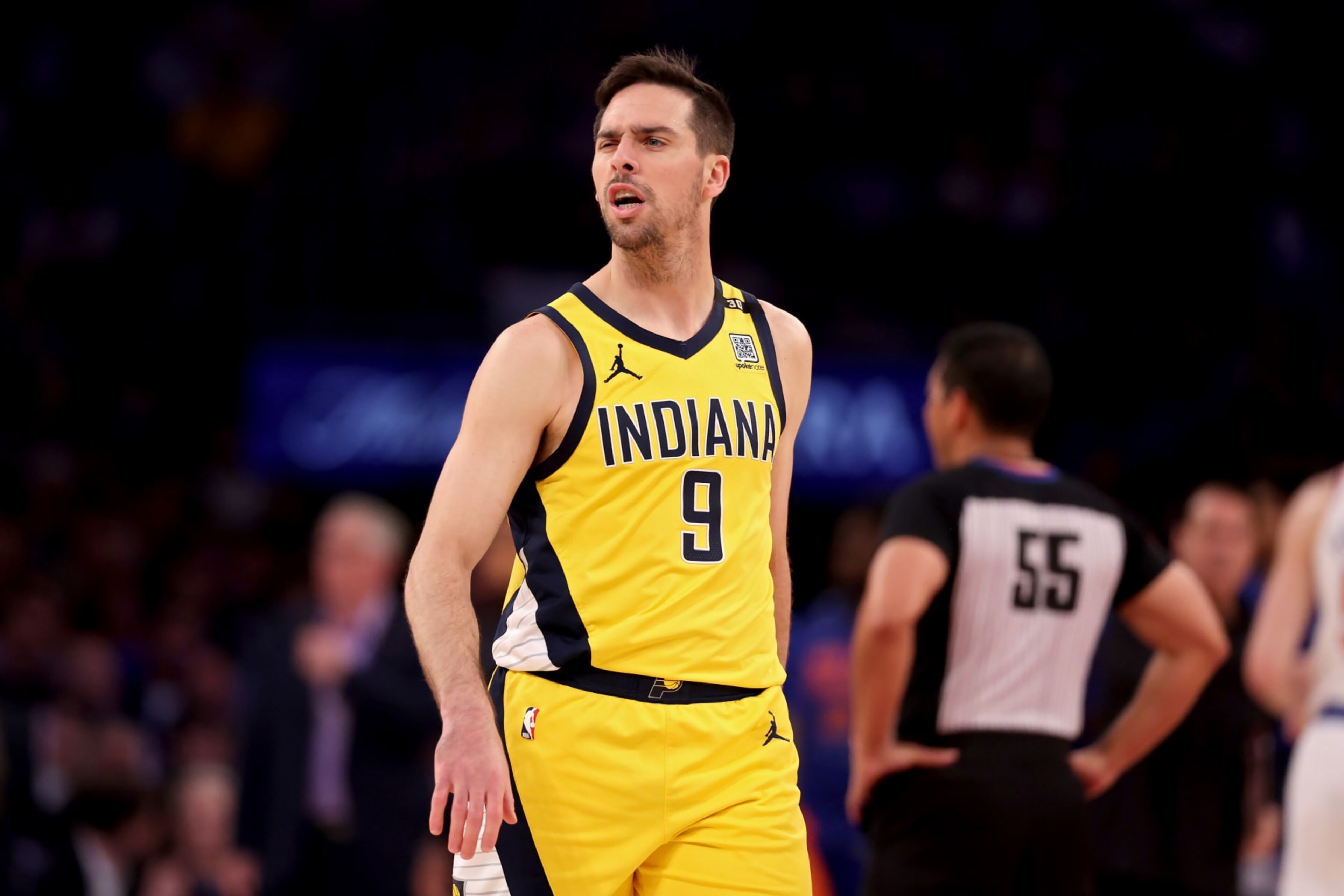 NEW YORK, NEW YORK - MAY 19: T.J. McConnell #9 of the Indiana Pacers reacts in the first quarter against the New York Knicks in Game Seven of the Eastern Conference Second Round Playoffs at Madison Square Garden on May 19, 2024 in New York City. NOTE TO USER: User expressly acknowledges and agrees that, by downloading and or using this photograph, User is consenting to the terms and conditions of the Getty Images License Agreement. (Photo by Elsa/Getty Images)