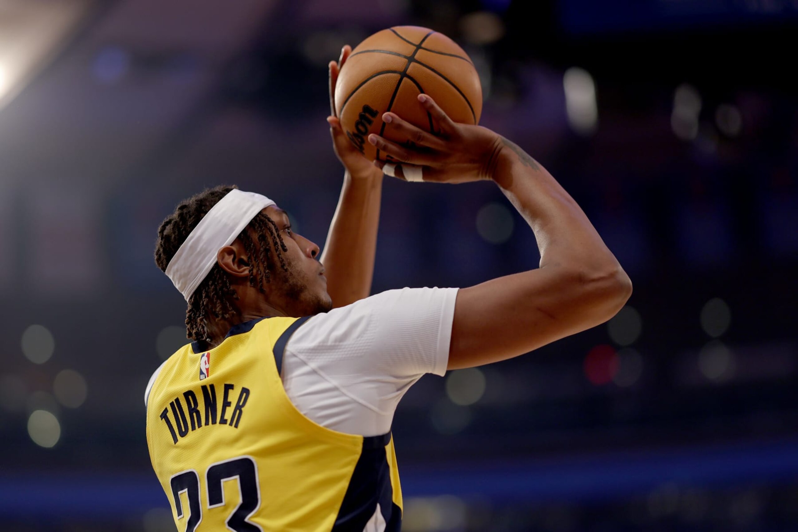 NEW YORK, NEW YORK - MAY 19: Myles Turner #33 of the Indiana Pacers attempts a shot in the first quarter against the New York Knicks in Game Seven of the Eastern Conference Second Round Playoffs at Madison Square Garden on May 19, 2024 in New York City. NOTE TO USER: User expressly acknowledges and agrees that, by downloading and or using this photograph, User is consenting to the terms and conditions of the Getty Images License Agreement. (Photo by Elsa/Getty Images) NEW YORK, NEW YORK - MAY 19: Myles Turner #33 of the Indiana Pacers attempts a shot in the first quarter against the New York Knicks in Game Seven of the Eastern Conference Second Round Playoffs at Madison Square Garden on May 19, 2024 in New York City. NOTE TO USER: User expressly acknowledges and agrees that, by downloading and or using this photograph, User is consenting to the terms and conditions of the Getty Images License Agreement. (Photo by Elsa/Getty Images)