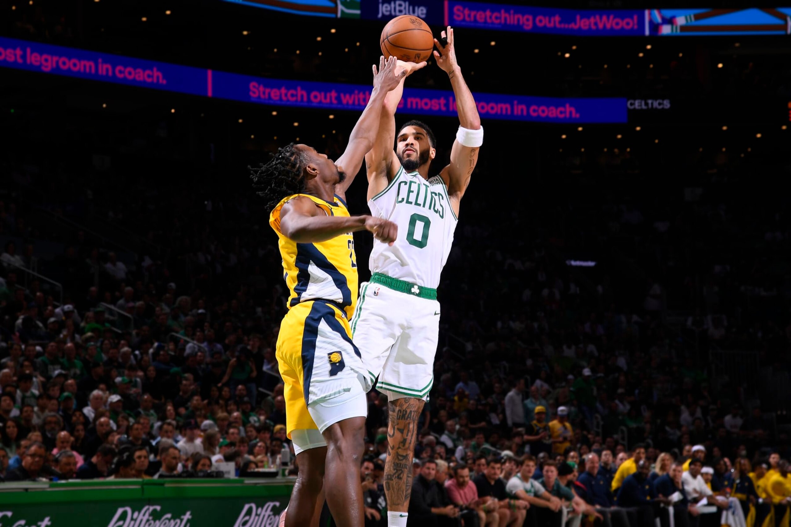 BOSTON, MA - MAY 21: Jayson Tatum #0 of the Boston Celtics shoots the ball during the game against the Indiana Pacers during Game 1 of the Eastern Conference Finals of the 2024 NBA Playoffs on May 21, 2024 at the TD Garden in Boston, Massachusetts. NOTE TO USER: User expressly acknowledges and agrees that, by downloading and or using this photograph, User is consenting to the terms and conditions of the Getty Images License Agreement. Mandatory Copyright Notice: Copyright 2024 NBAE  (Photo by Brian Babineau/NBAE via Getty Images)