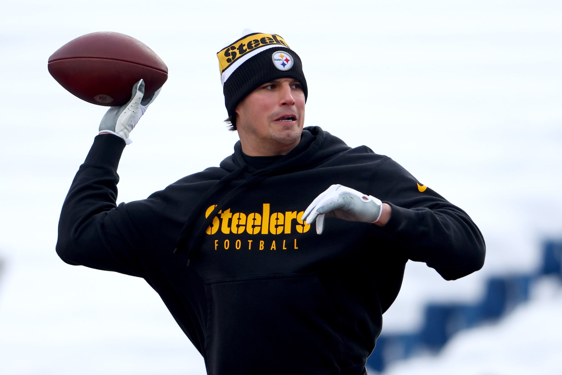ORCHARD PARK, NEW YORK - JANUARY 15: Mason Rudolph #2 of the Pittsburgh Steelers warms up before the game against the Buffalo Bills at Highmark Stadium on January 15, 2024 in Orchard Park, New York. (Photo by Timothy T Ludwig/Getty Images)