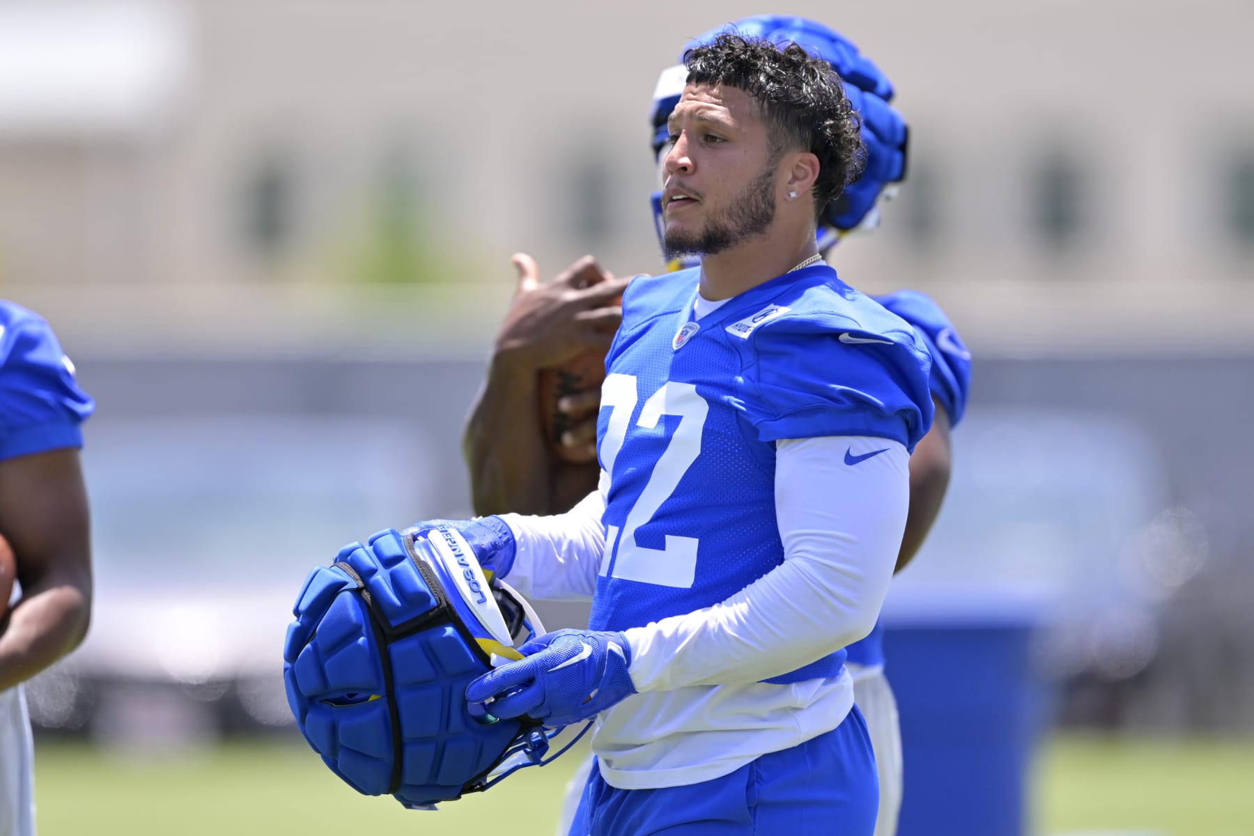 THOUSAND OAKS, CALIFORNIA - MAY 21:  Running back Blake Corum #22 of the Los Angeles Rams participates in drills during OTAs on May 21, 2024 at Cal Lutheran University in Thousand Oaks, California. (Photo by Jayne Kamin-Oncea/Getty Images)