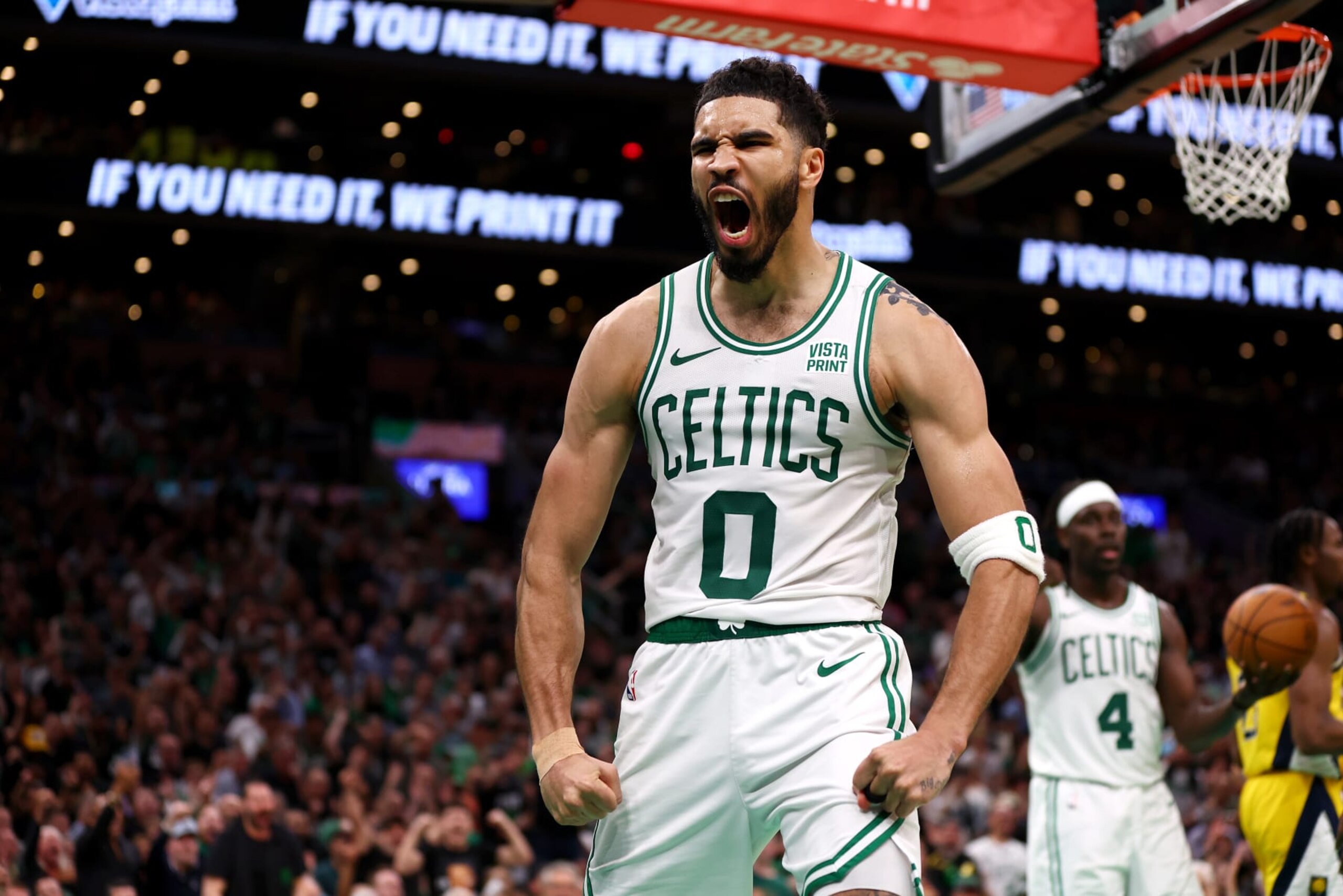 BOSTON, MASSACHUSETTS - MAY 21: Jayson Tatum #0 of the Boston Celtics reacts during the third quarter against the Indiana Pacers in Game One of the Eastern Conference Finals at TD Garden on May 21, 2024 in Boston, Massachusetts. NOTE TO USER: User expressly acknowledges and agrees that, by downloading and or using this photograph, User is consenting to the terms and conditions of the Getty Images License Agreement. (Photo by Maddie Meyer/Getty Images) BOSTON, MASSACHUSETTS - MAY 21: Jayson Tatum #0 of the Boston Celtics reacts during the third quarter against the Indiana Pacers in Game One of the Eastern Conference Finals at TD Garden on May 21, 2024 in Boston, Massachusetts. NOTE TO USER: User expressly acknowledges and agrees that, by downloading and or using this photograph, User is consenting to the terms and conditions of the Getty Images License Agreement. (Photo by Maddie Meyer/Getty Images)