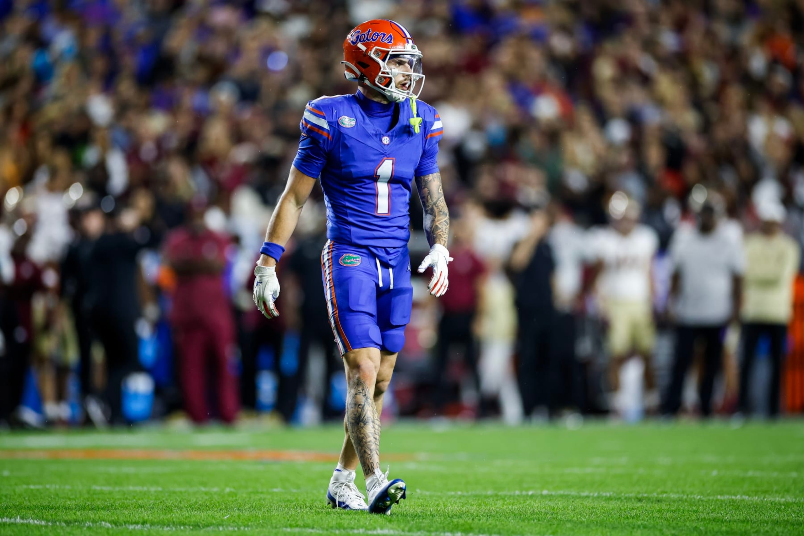GAINESVILLE, FLORIDA - NOVEMBER 25: Ricky Pearsall #1 of the Florida Gators looks on during the first half of a game against the Florida State Seminoles at Ben Hill Griffin Stadium on November 25, 2023 in Gainesville, Florida. (Photo by James Gilbert/Getty Images)