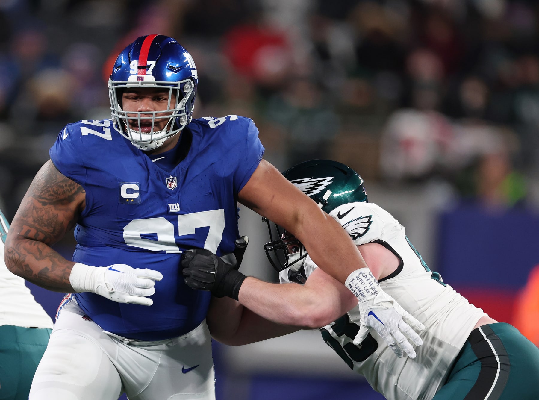 EAST RUTHERFORD, NEW JERSEY - JANUARY 07: Dexter Lawrence II #97 of the New York Giants in action against Jack Driscoll #63 of the Philadelphia Eagles during their game at MetLife Stadium on January 07, 2024 in East Rutherford, New Jersey. (Photo by Al Bello/Getty Images)