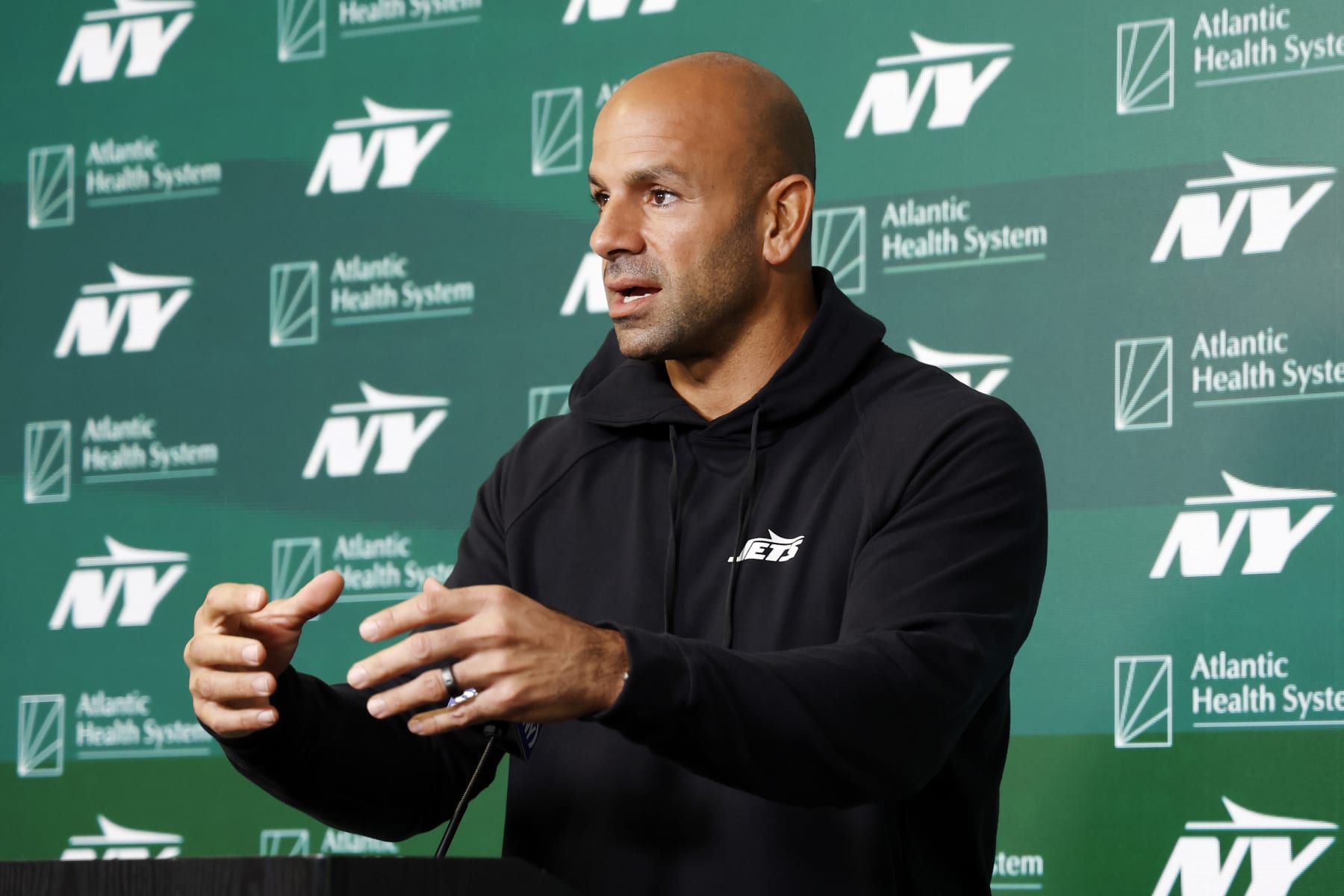 FLORHAM PARK, NEW JERSEY - MAY 21: Head coach Robert Saleh of the New York Jets speaks to the media during the New York Jets OTA Offseason Workout at Atlantic Health Jets Training Center on May 21, 2024 in Florham Park, New Jersey. (Photo by Sarah Stier/Getty Images)