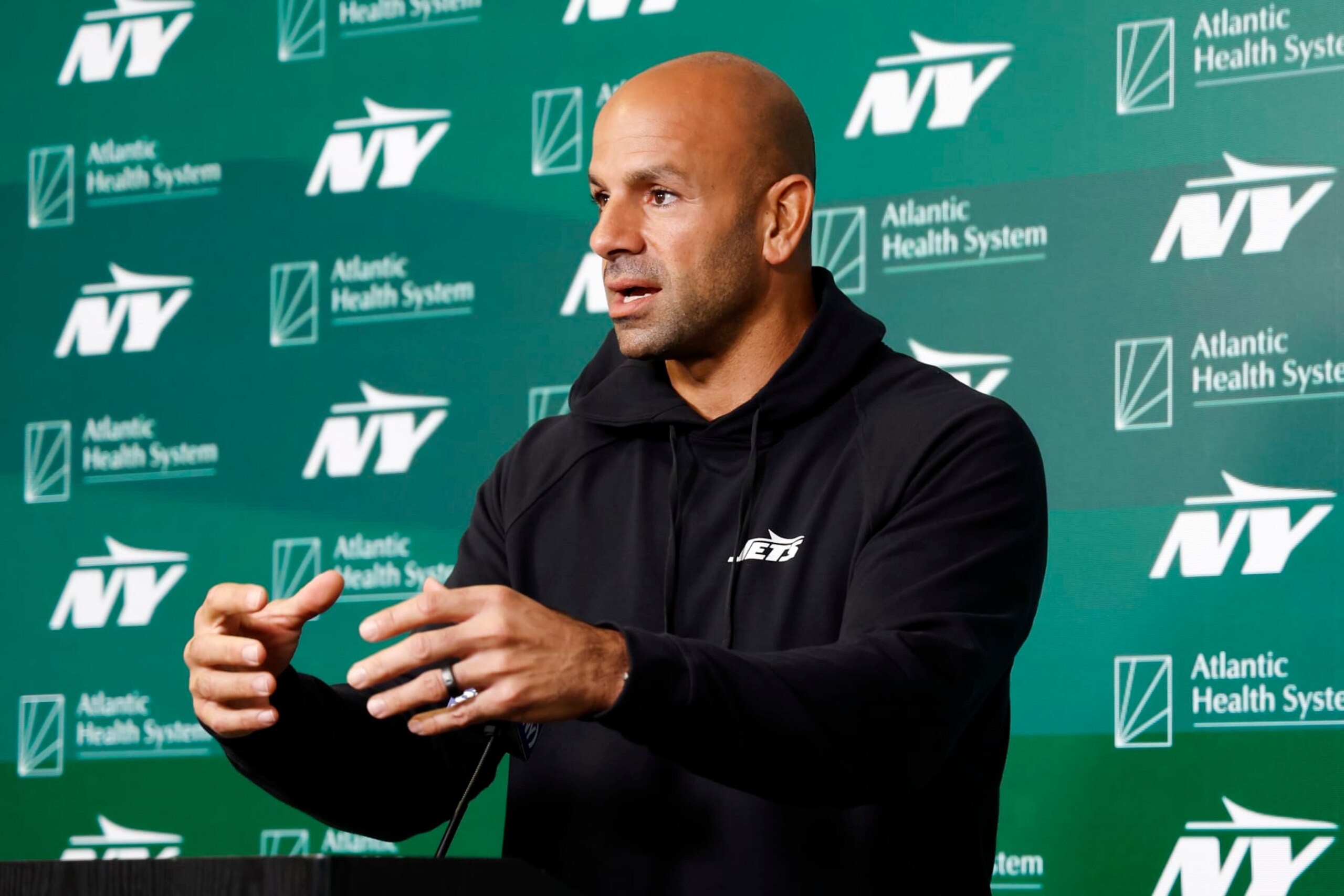 FLORHAM PARK, NEW JERSEY - MAY 21: Head coach Robert Saleh of the New York Jets speaks to the media during the New York Jets OTA Offseason Workout at Atlantic Health Jets Training Center on May 21, 2024 in Florham Park, New Jersey. (Photo by Sarah Stier/Getty Images)
