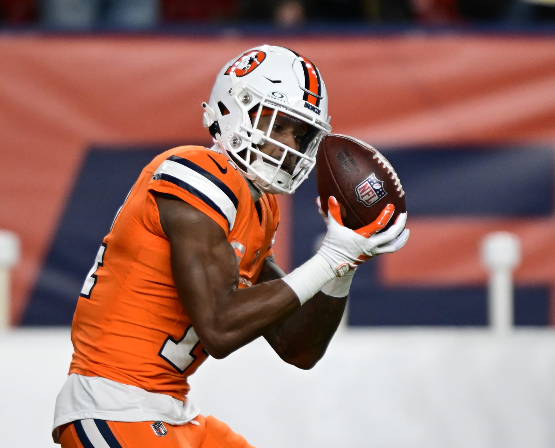 DENVER, CO - DECEMBER 24: Denver Broncos wide receiver Courtland Sutton (14) makes a catch during warmups before playing the New England Patriots at Empower Field at Mile High in Denver, Colorado on Sunday December 24, 2023. (Photo by Andy Cross/MediaNews Group/The Denver Post via Getty Images)