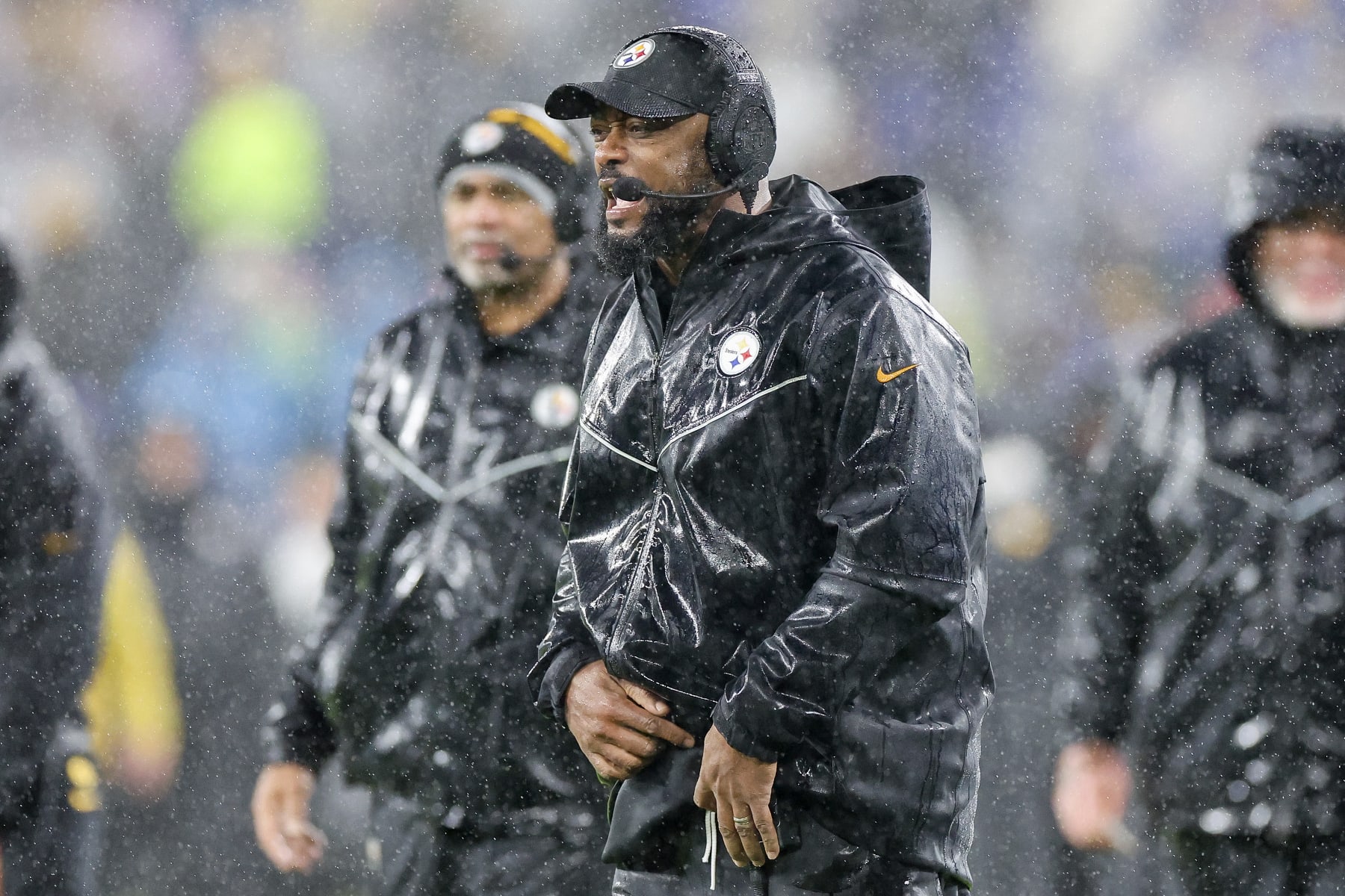 BALTIMORE, MARYLAND - JANUARY 06: Head coach Mike Tomlin of the Pittsburgh Steelers reacts to a play in the fourth quarter of a game against the Baltimore Ravens at M&T Bank Stadium on January 06, 2024 in Baltimore, Maryland. (Photo by Rob Carr/Getty Images)