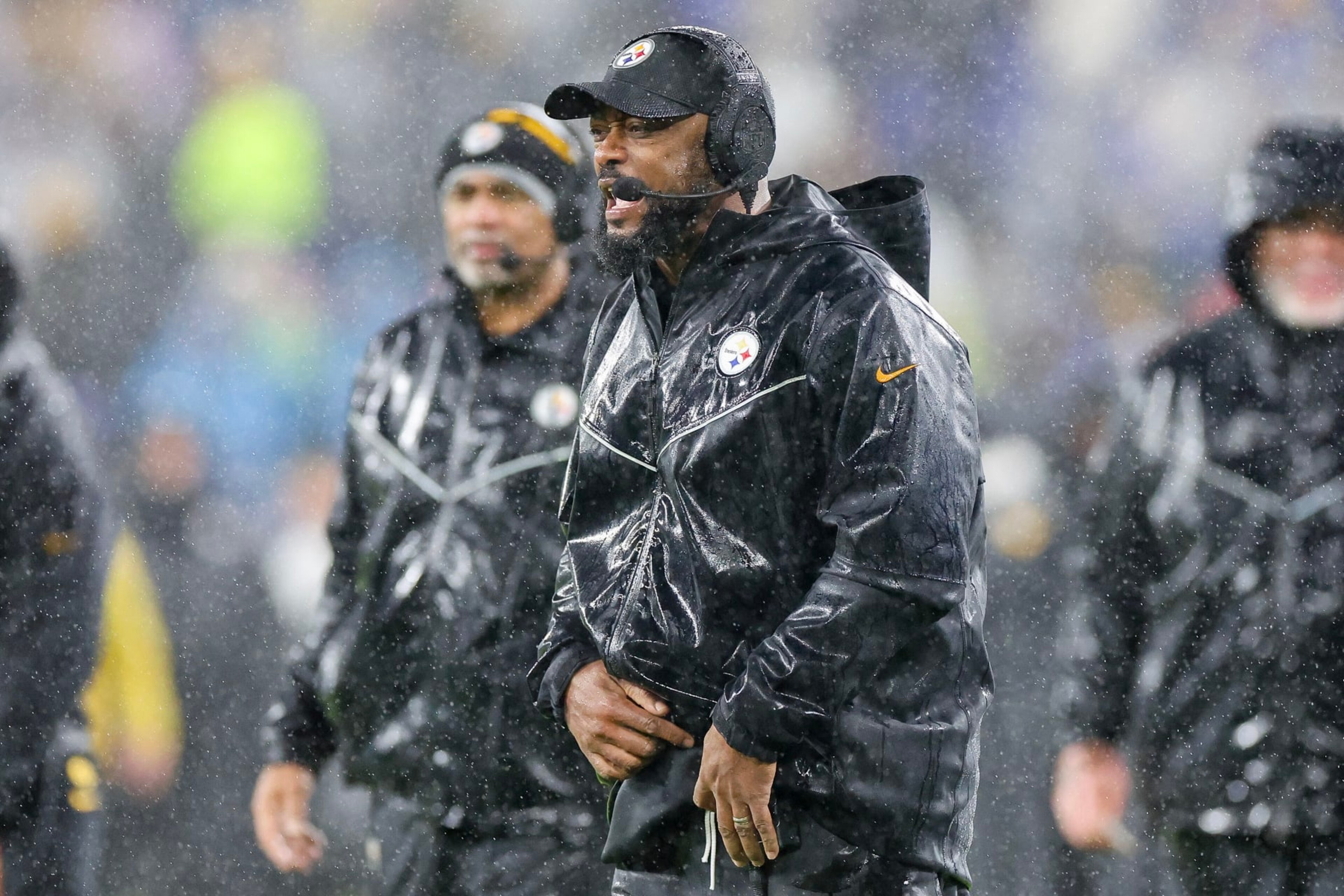 BALTIMORE, MARYLAND - JANUARY 06: Head coach Mike Tomlin of the Pittsburgh Steelers reacts to a play in the fourth quarter of a game against the Baltimore Ravens at M&T Bank Stadium on January 06, 2024 in Baltimore, Maryland. (Photo by Rob Carr/Getty Images)