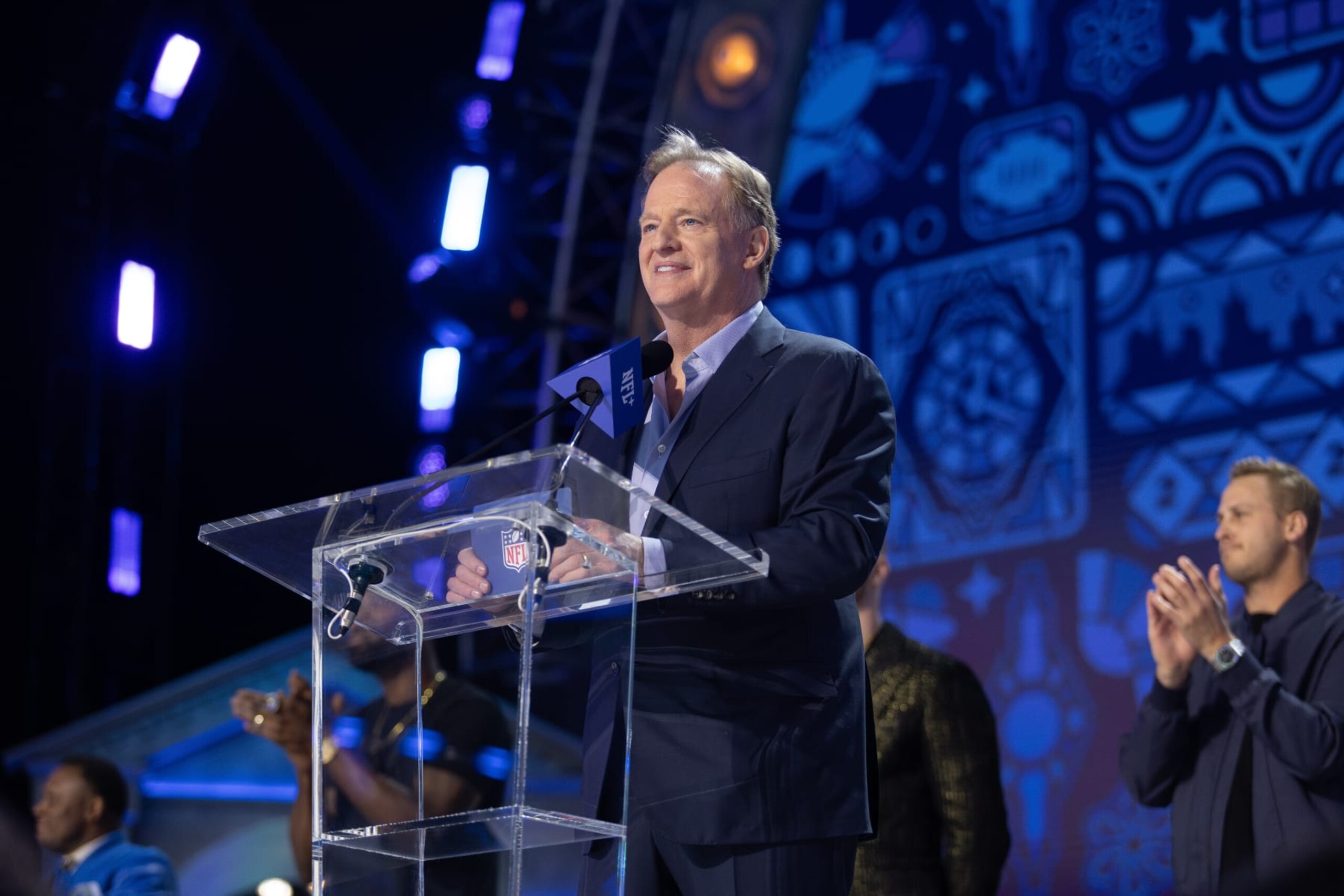 DETROIT, MI - APRIL 25: NFL Commissioner Roger Goodell on the stage to announce a pick during day 1 of the NFL Draft on April 25, 2024 at Fox Theatre in Detroit, MI. (Photo by John Smolek/Icon Sportswire via Getty Images) DETROIT, MI - APRIL 25: NFL Commissioner Roger Goodell on the stage to announce a pick during day 1 of the NFL Draft on April 25, 2024 at Fox Theatre in Detroit, MI. (Photo by John Smolek/Icon Sportswire via Getty Images)