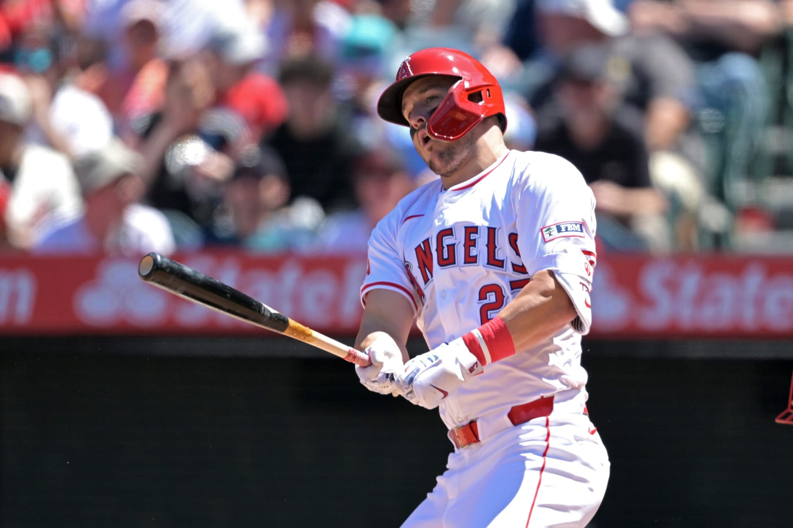 ANAHEIM, CALIFORNIA - APRIL 28: Mike Trout #27 of the Los Angeles Angels at bat against the Minnesota Twins at Angel Stadium of Anaheim on April 28, 2024 in Anaheim, California. (Photo by Jayne Kamin-Oncea/Getty Images)