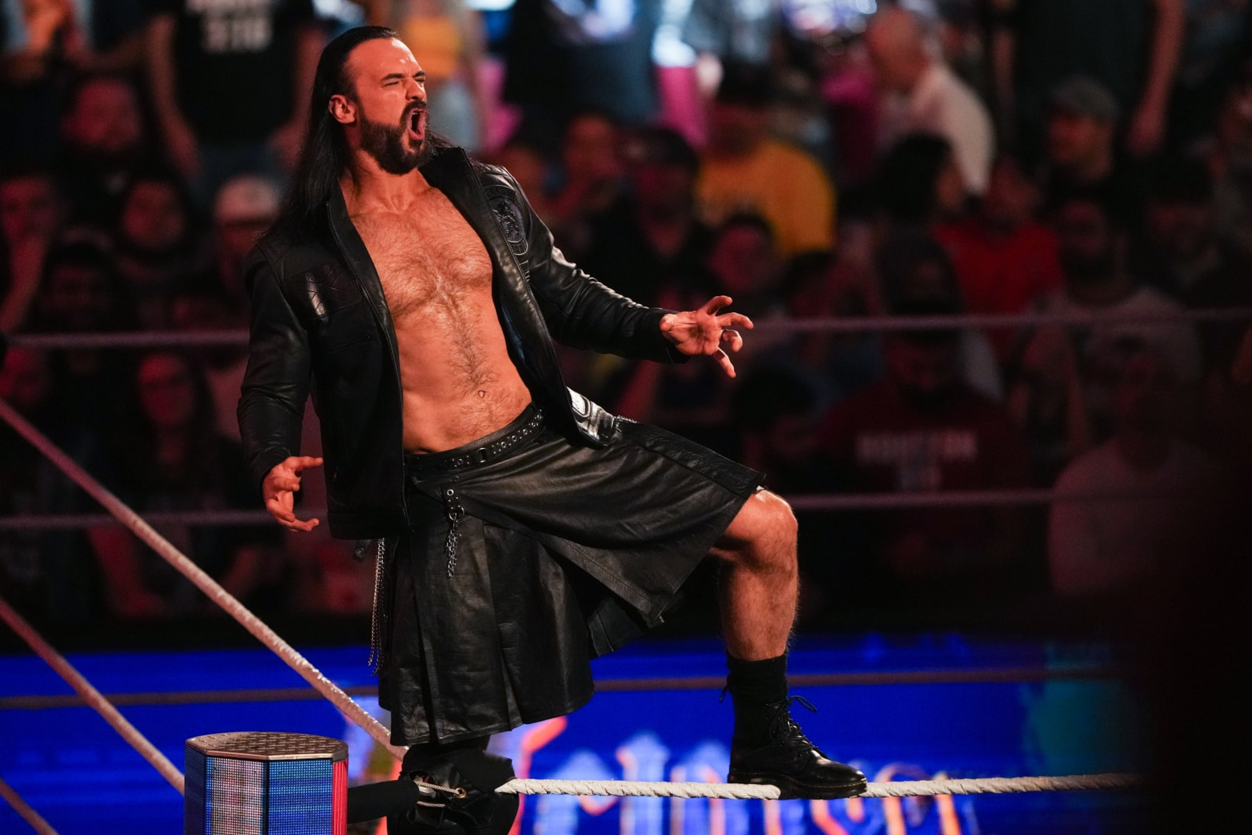 HOUSTON, TEXAS - MARCH 11: Drew McIntyre is intoduced during WWE Monday Night RAW at Toyota Center on March 11, 2024 in Houston, Texas. (Photo by Alex Bierens de Haan/Getty Images)