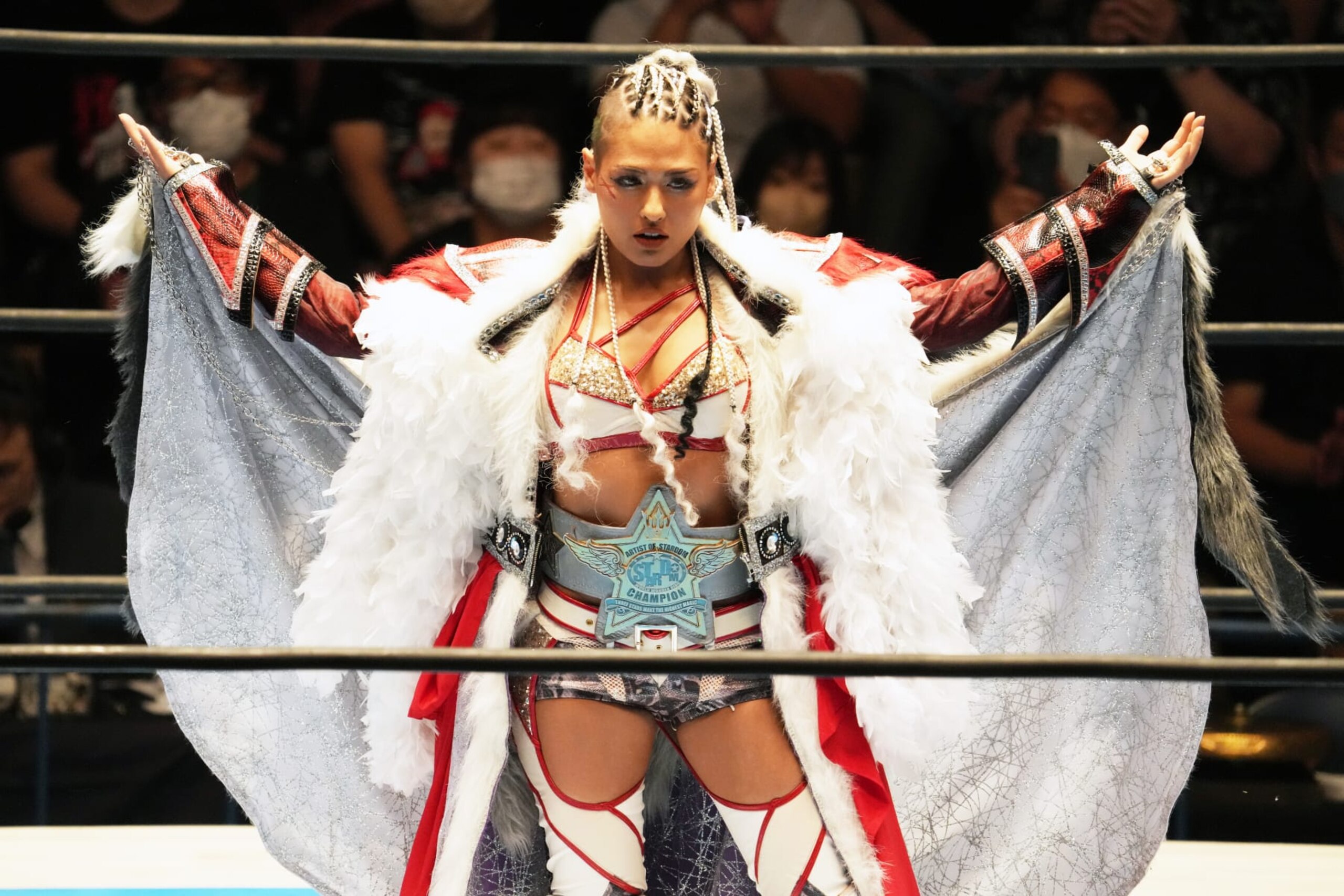 TOKYO, JAPAN - JULY 05: Giulia enters the ring during the New Japan Pro-Wrestling - STRONG at Korakuen Hall on July 05, 2023 in Tokyo, Japan. (Photo by Etsuo Hara/Getty Images)