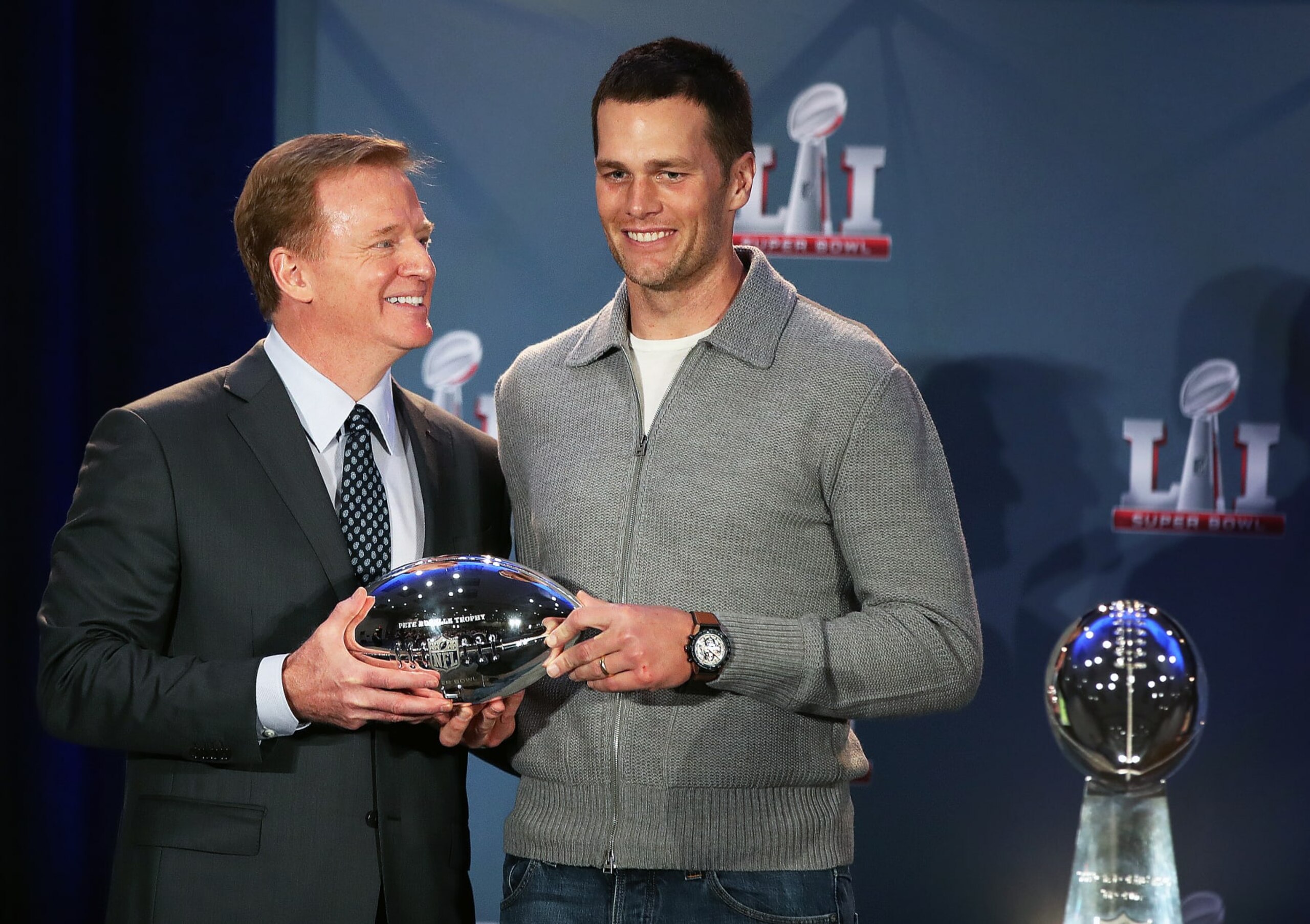 HOUSTON - FEBRUARY 6: NFL commissioner Roger Goodell presents New England Patriots quarterback Tom Brady the Super Bowl MVP trophy in Houston on Feb. 6, 2017. The Patriots came back in the fourth quarter to tie the game before defeating the Atlanta Falcons in Super Bowl LI the night before. (Photo by Jim Davis/The Boston Globe via Getty Images) HOUSTON - FEBRUARY 6: NFL commissioner Roger Goodell presents New England Patriots quarterback Tom Brady the Super Bowl MVP trophy in Houston on Feb. 6, 2017. The Patriots came back in the fourth quarter to tie the game before defeating the Atlanta Falcons in Super Bowl LI the night before. (Photo by Jim Davis/The Boston Globe via Getty Images)