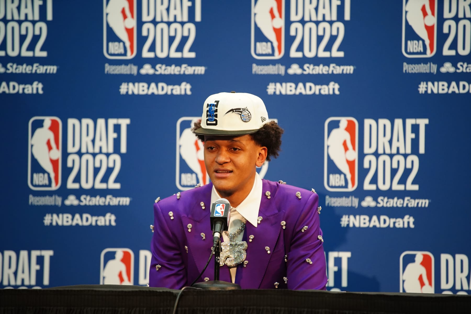 BROOKLYN, NY - JUNE 23: Paolo Banchero talks to the media after being selected by the Orlando Magic during the 2022 NBA Draft on June 23, 2022 at Barclays Center in Brooklyn, New York. NOTE TO USER: User expressly acknowledges and agrees that, by downloading and or using this photograph, User is consenting to the terms and conditions of the Getty Images License Agreement. Mandatory Copyright Notice: Copyright 2022 NBAE (Photo by Melanie Fidler/NBAE via Getty Images)