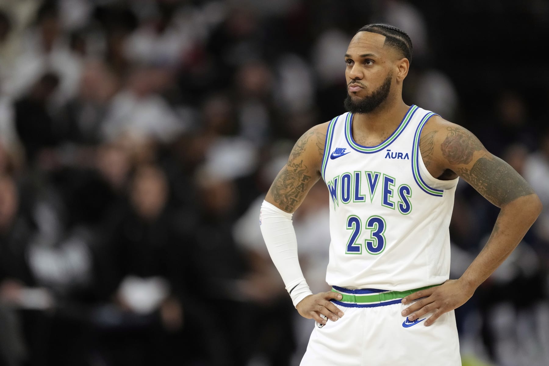 MINNEAPOLIS, MINNESOTA - APRIL 20: Monte Morris #23 of the Minnesota Timberwolves looks on during the second half in game one of the Western Conference First Round Playoffs against the Phoenix Suns at Target Center on April 20, 2024 in Minneapolis, Minnesota. NOTE TO USER: User expressly acknowledges and agrees that, by downloading and or using this photograph, User is consenting to the terms and conditions of the Getty Images License Agreement. (Photo by Patrick McDermott/Getty Images)