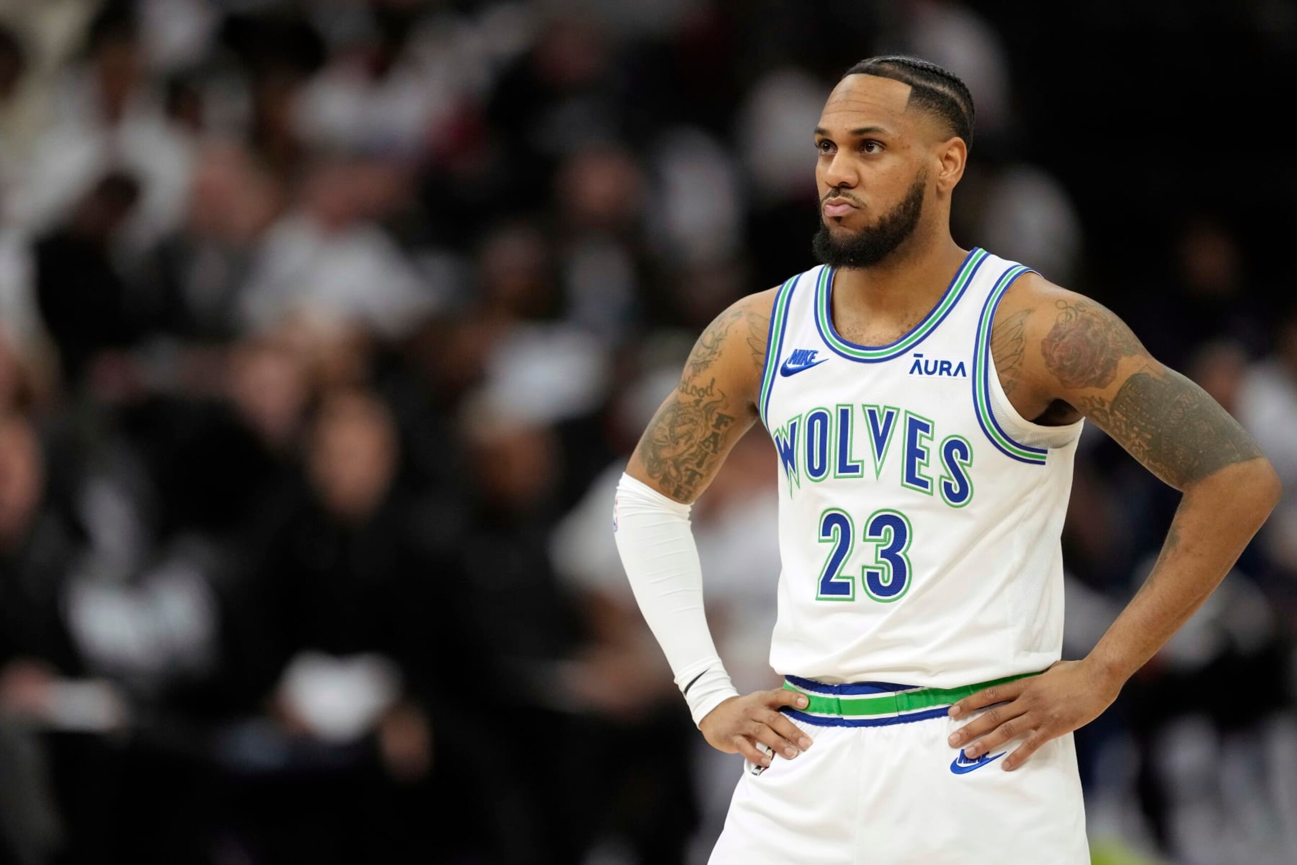 MINNEAPOLIS, MINNESOTA - APRIL 20: Monte Morris #23 of the Minnesota Timberwolves looks on during the second half in game one of the Western Conference First Round Playoffs against the Phoenix Suns at Target Center on April 20, 2024 in Minneapolis, Minnesota. NOTE TO USER: User expressly acknowledges and agrees that, by downloading and or using this photograph, User is consenting to the terms and conditions of the Getty Images License Agreement. (Photo by Patrick McDermott/Getty Images)