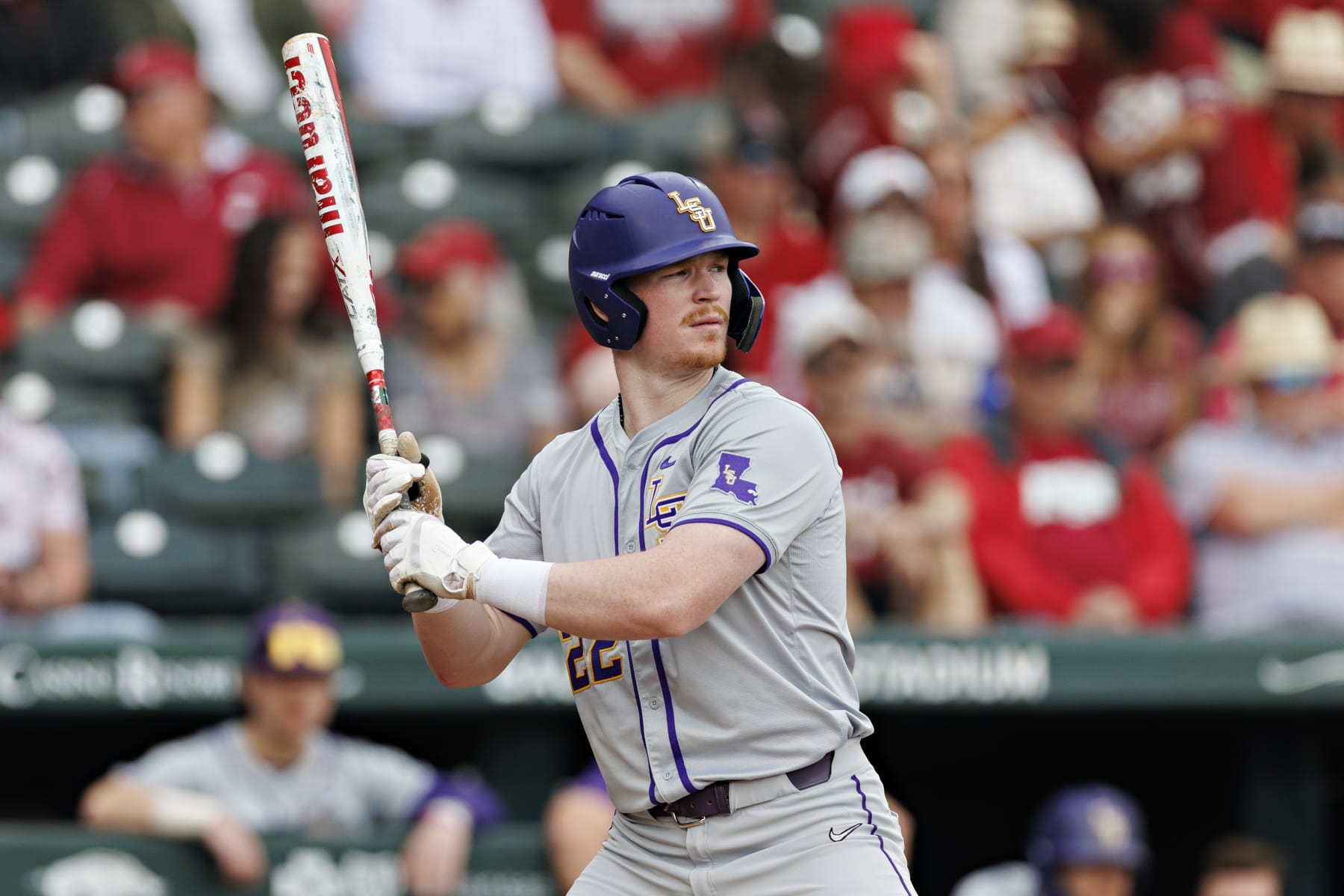 FAYETTEVILLE, ARKANSAS - MARCH 30: Jared Jones #22 of the LSU Tigers at bat during the game against the Arkansas Razorbacks at Baum-Walker Stadium at George Cole Field on March 30, 2024 in Fayetteville, Arkansas.  The Razorbacks defeated the Tigers 7-5.  (Photo by Wesley Hitt/Getty Images)