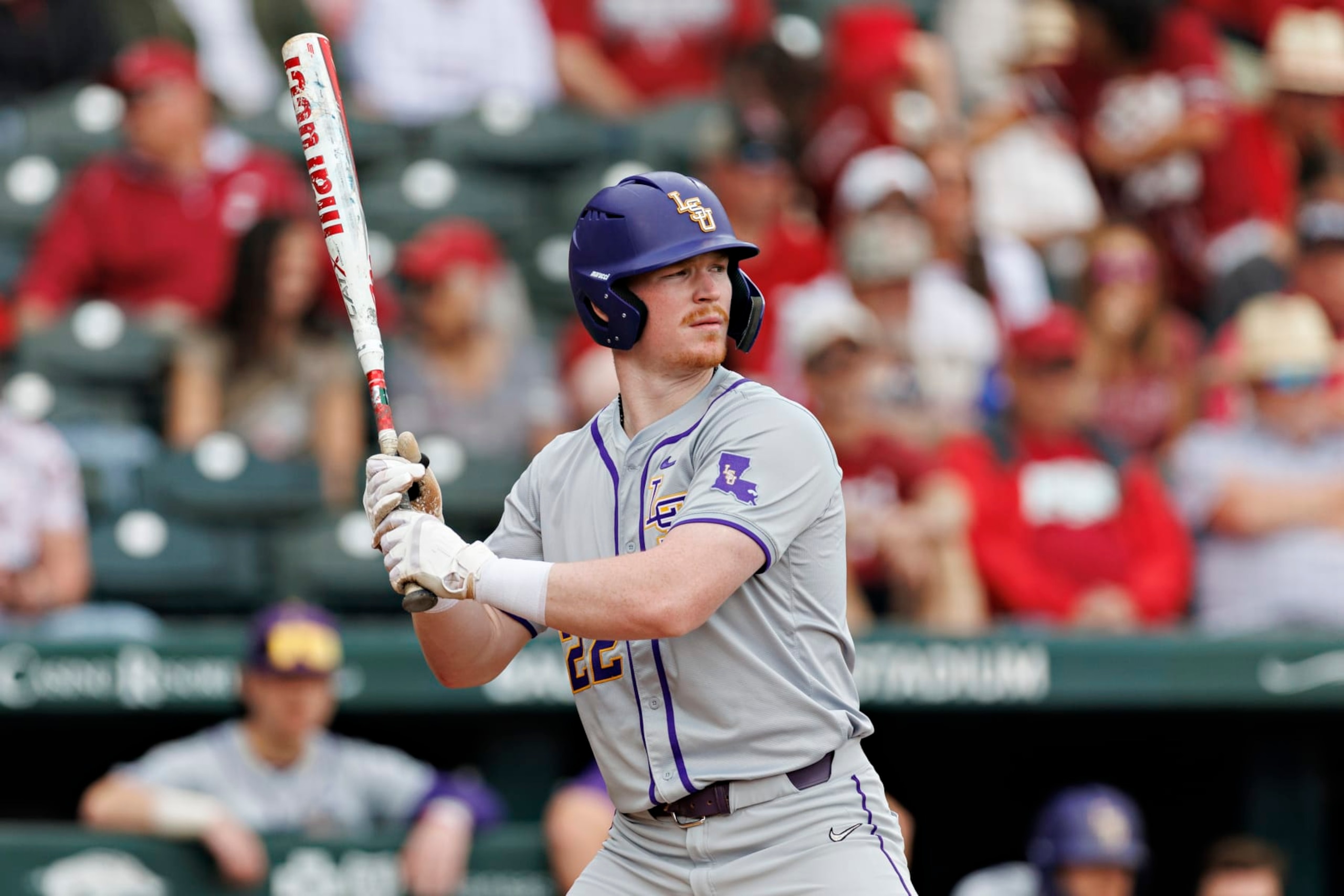 FAYETTEVILLE, ARKANSAS - MARCH 30: Jared Jones #22 of the LSU Tigers at bat during the game against the Arkansas Razorbacks at Baum-Walker Stadium at George Cole Field on March 30, 2024 in Fayetteville, Arkansas. The Razorbacks defeated the Tigers 7-5. (Photo by Wesley Hitt/Getty Images) FAYETTEVILLE, ARKANSAS - MARCH 30: Jared Jones #22 of the LSU Tigers at bat during the game against the Arkansas Razorbacks at Baum-Walker Stadium at George Cole Field on March 30, 2024 in Fayetteville, Arkansas. The Razorbacks defeated the Tigers 7-5. (Photo by Wesley Hitt/Getty Images)