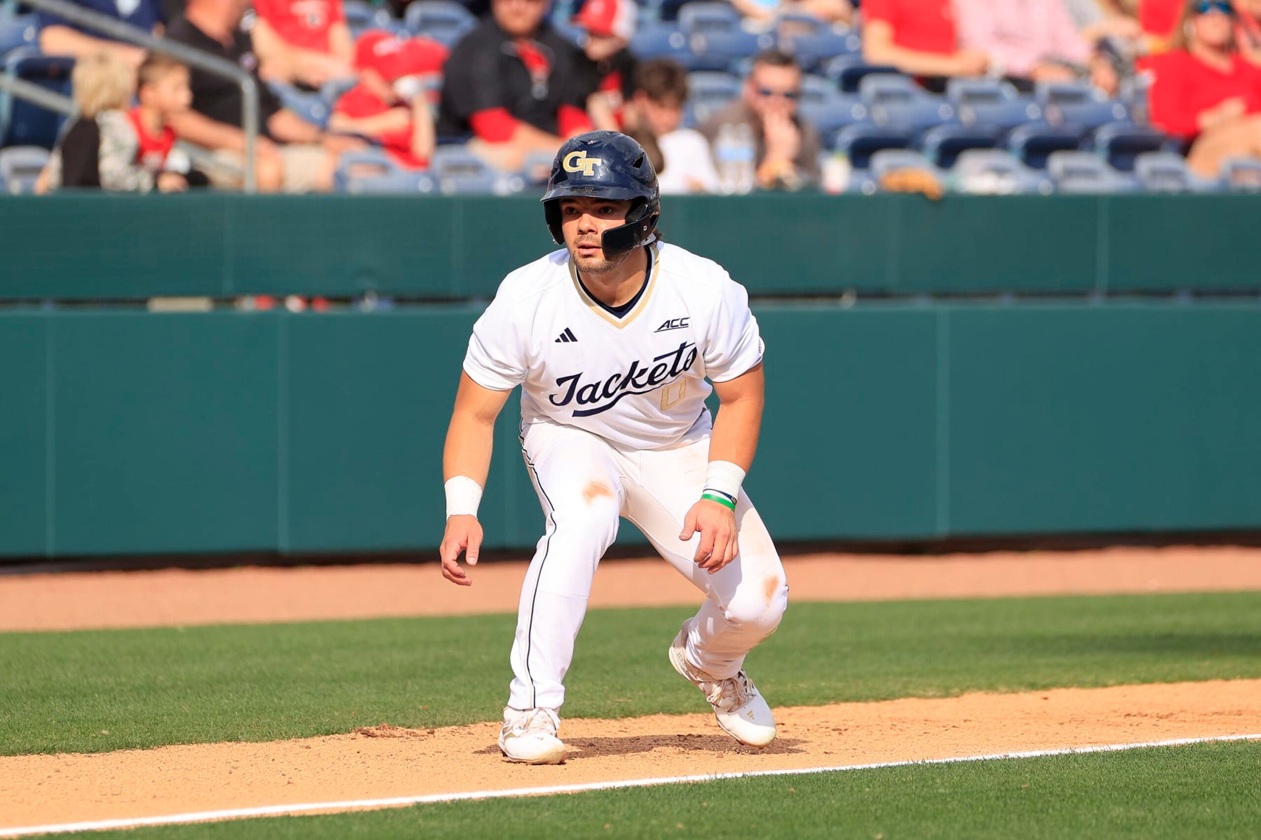 LAWRENCEVILLE, GA - MARCH 03: Georgia Tech infielder Mike Becchetti (0) leads off third base during the men's college baseball game between the Georgia Bulldogs and the Georgia Tech Yellow Jackets on March 03, 2024 at Coolray Field in Lawrenceville, GA. (Photo by David J. Griffin/Icon Sportswire via Getty Images) LAWRENCEVILLE, GA - MARCH 03: Georgia Tech infielder Mike Becchetti (0) leads off third base during the men's college baseball game between the Georgia Bulldogs and the Georgia Tech Yellow Jackets on March 03, 2024 at Coolray Field in Lawrenceville, GA. (Photo by David J. Griffin/Icon Sportswire via Getty Images)