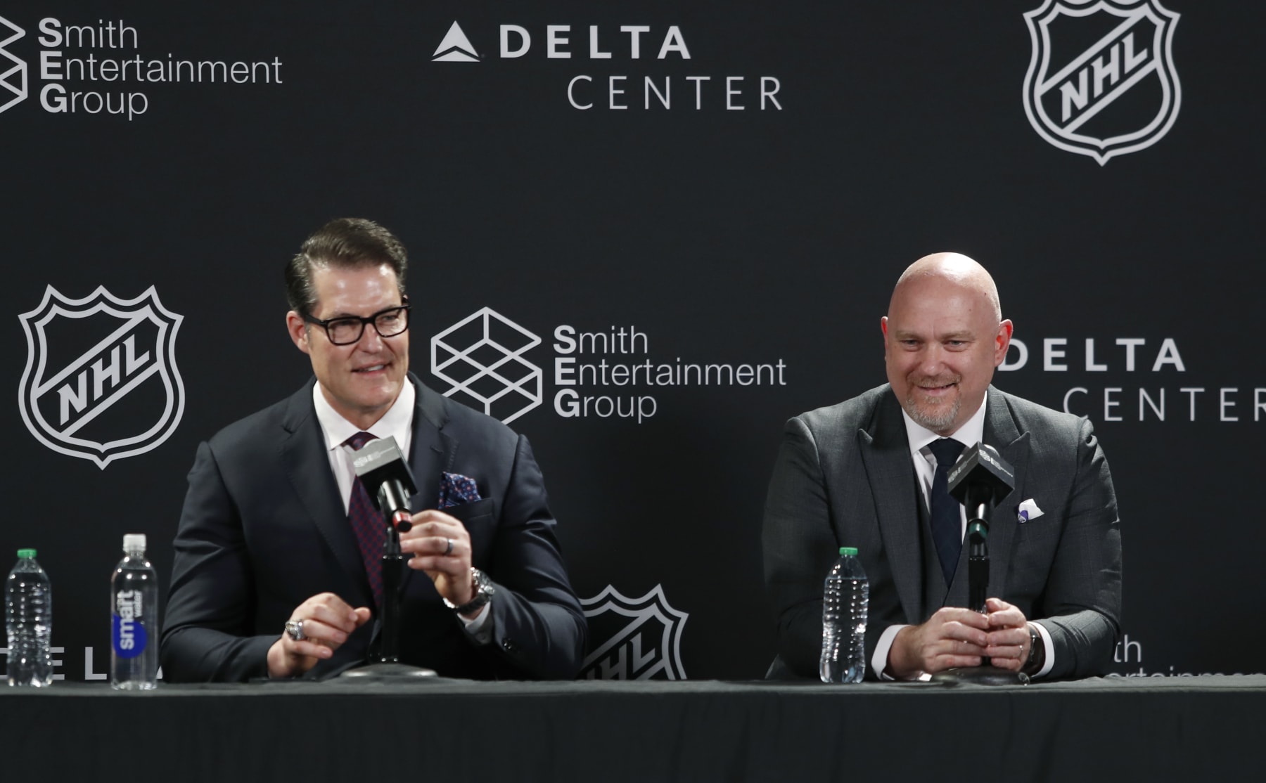 NHL Utah franchise general manager Bill Armstrong (left) and head coach André Tourigny