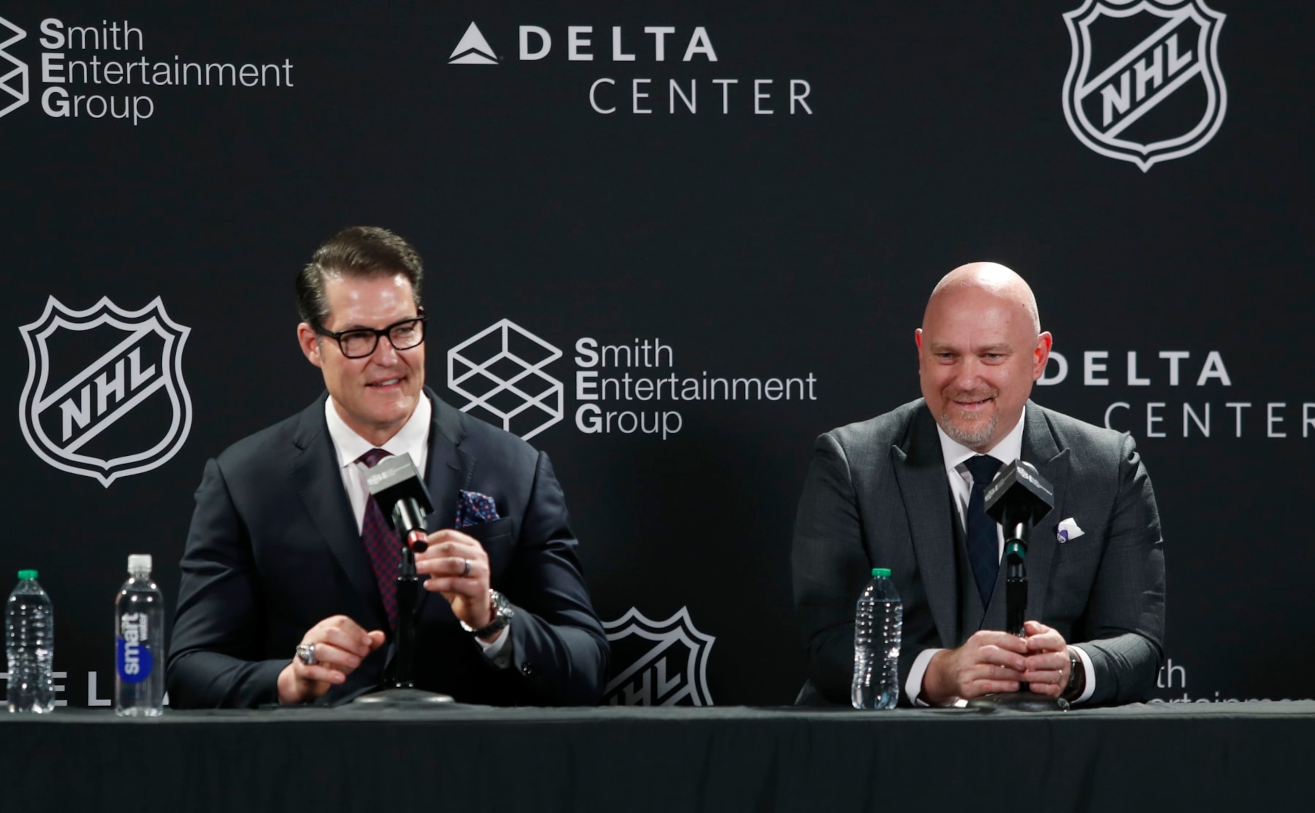 NHL Utah franchise general manager Bill Armstrong (left) and head coach André Tourigny