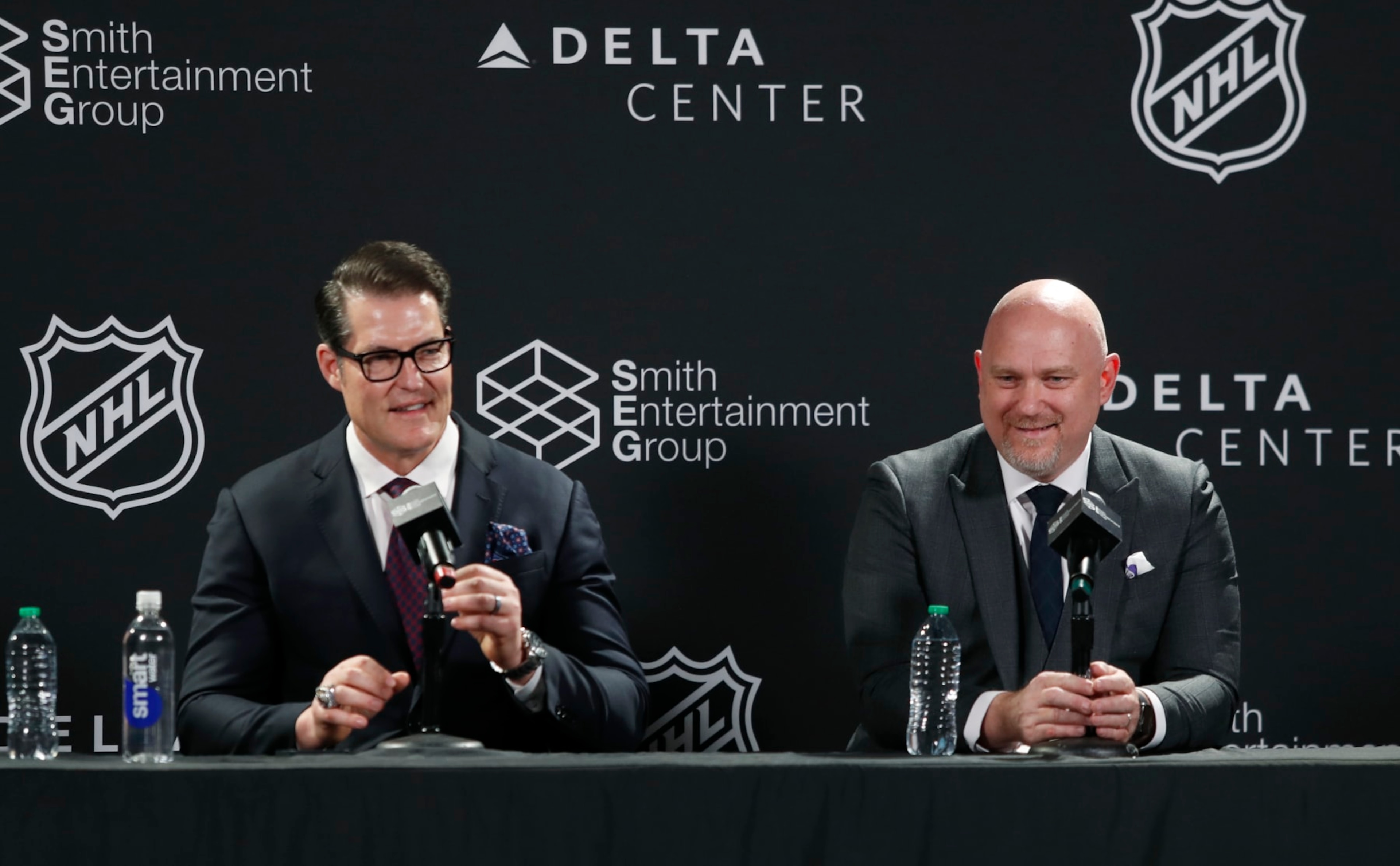 NHL Utah franchise general manager Bill Armstrong (left) and head coach André Tourigny